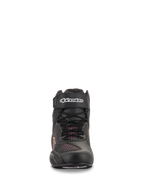 Chaussures Alpinestars Stella Faster-3 Rideknit® pour femme, noir, jaune et rose, vue de face montrant la construction en maille sans couture, lacets et sangle de cheville à velcro avec logo Alpinestars blanc, chaussures de moto légères