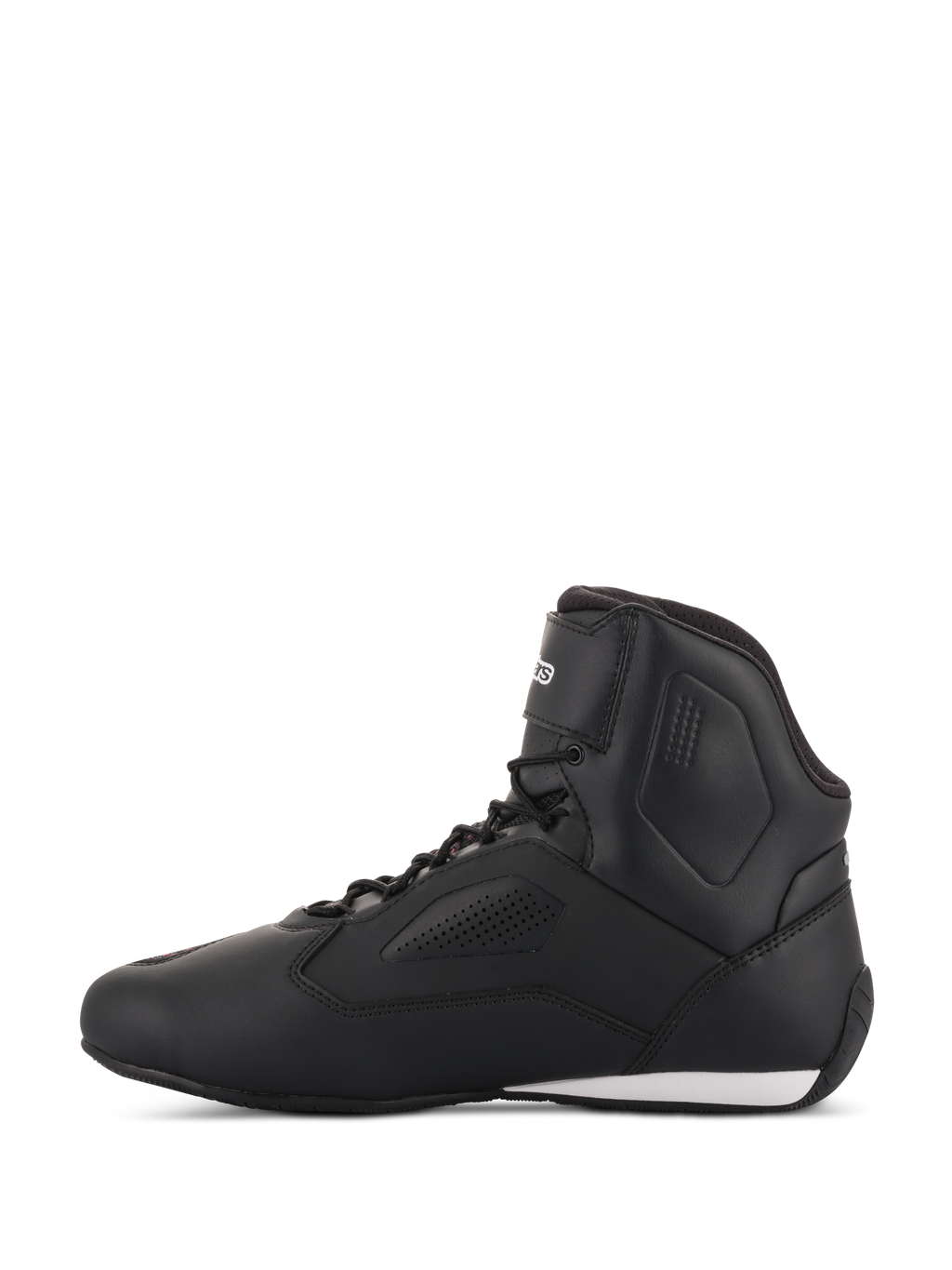 Chaussures Alpinestars Stella Faster-3 Rideknit® pour femme, chaussures de moto en noir, jaune et rose, vue de profil, design montant épuré avec panneaux perforés et accent blanc au talon.