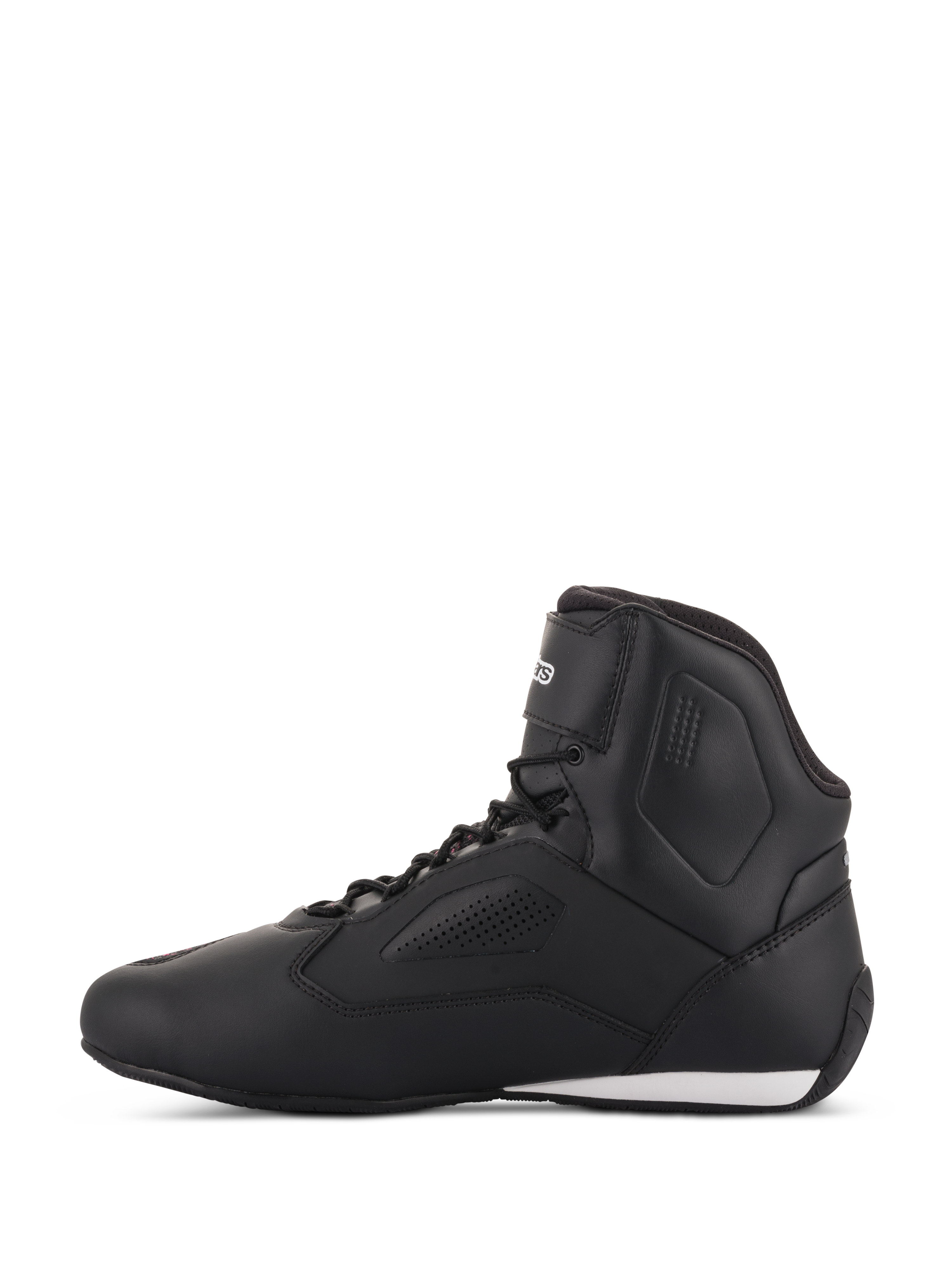 Chaussures Alpinestars Stella Faster-3 Rideknit® pour femme, chaussures de moto en noir, jaune et rose, vue de profil, design montant épuré avec panneaux perforés et accent blanc au talon.