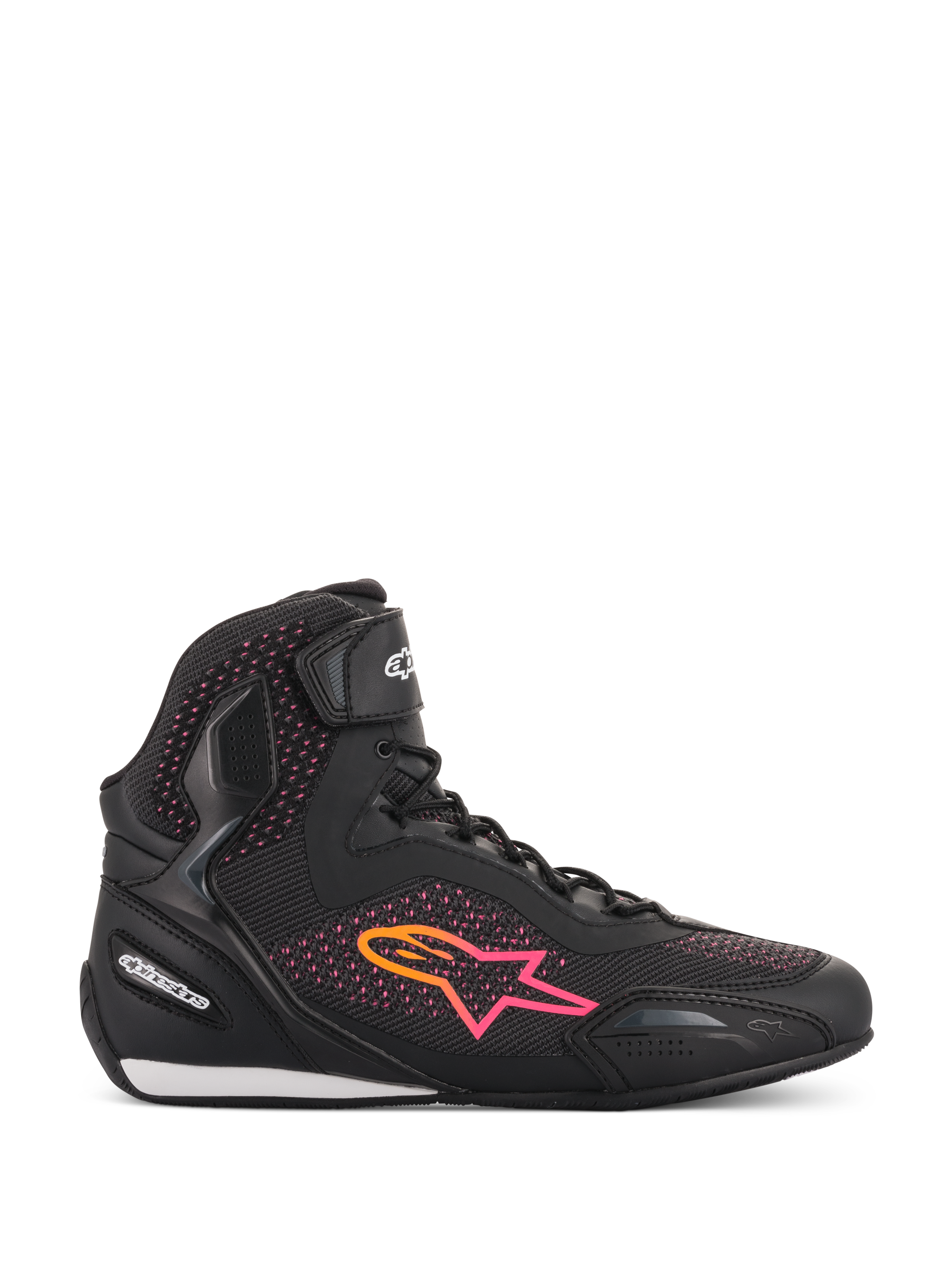 Chaussures Alpinestars Stella Faster-3 Rideknit® pour femme, chaussures de moto, noir, jaune et rose, vue de profil avec tige en maille respirante, logo étoile en dégradé éclatant et sangle de cheville à scratch.