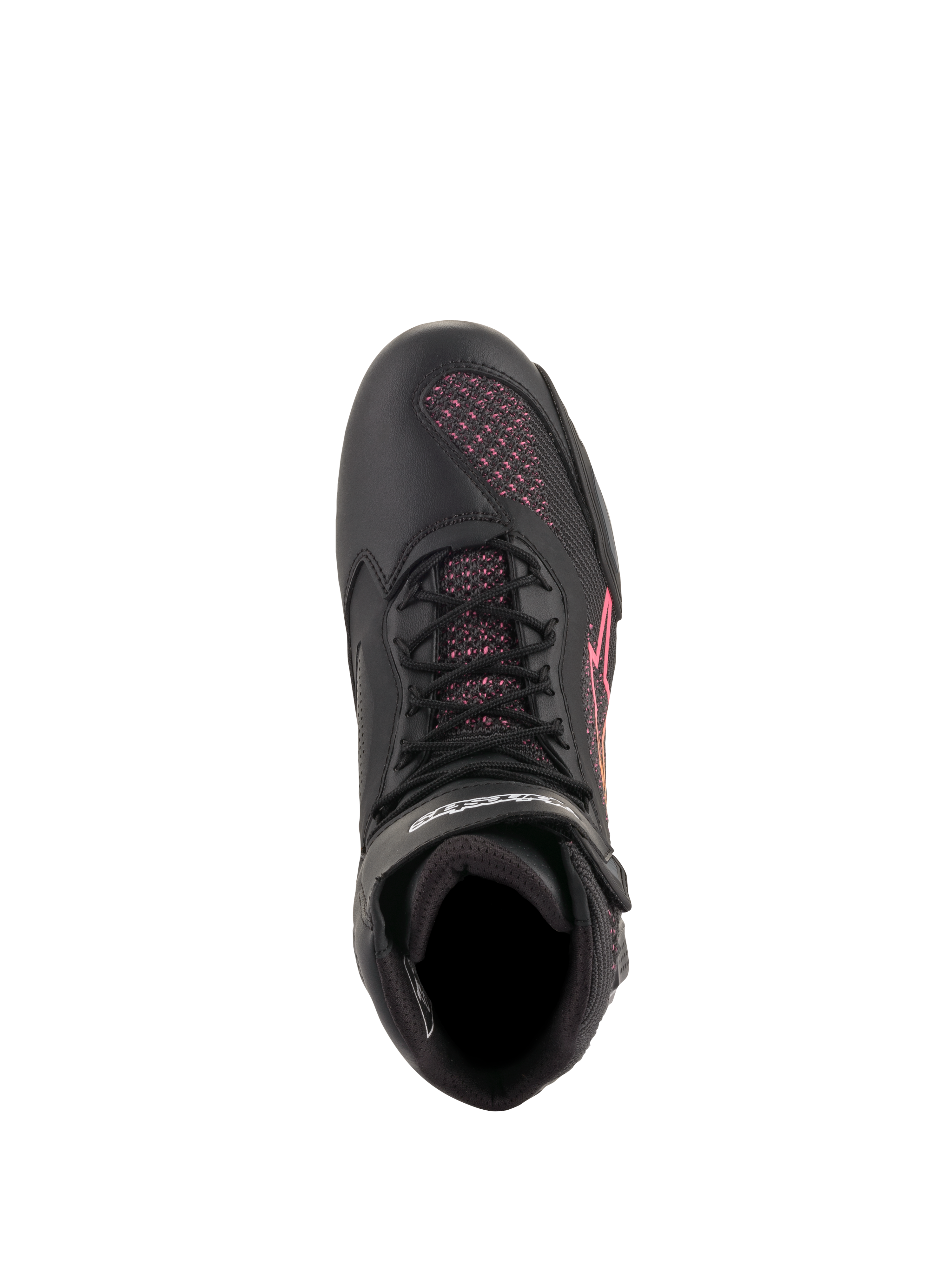 Chaussures Alpinestars Stella Faster-3 Rideknit® pour femme, chaussures de moto, noir, jaune et rose, vue de dessus mettant en évidence les lacets noirs et les empiècements en maille tricotée rose, chaussures de sport légères et respirantes