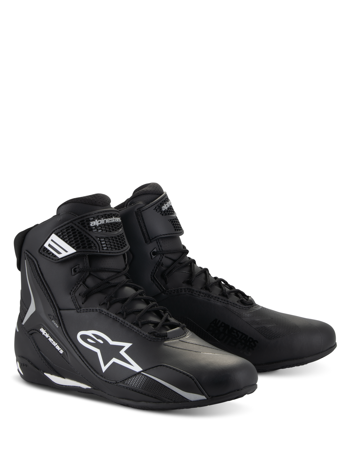 Chaussures Alpinestars Stella Faster-4, chaussures de moto pour femme, noir avec accents blancs, design sportif montant avec fermeture à lacets et sangle de cheville à scratch, construction en microfibre durable avec logos latéraux de protection