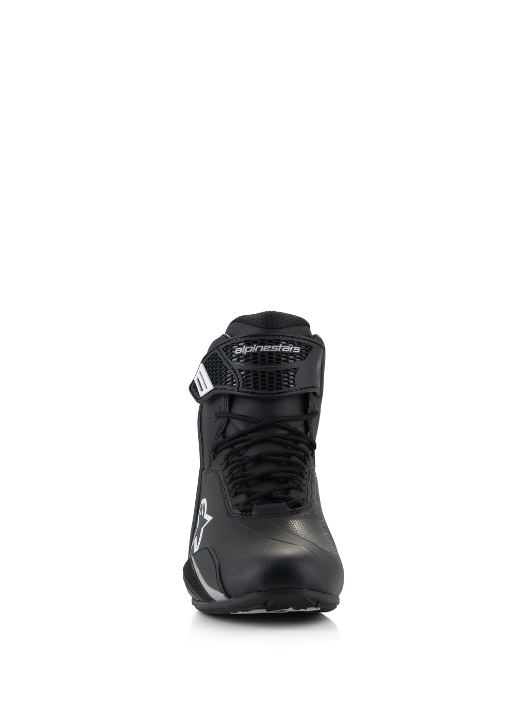 Chaussures Alpinestars Stella Faster-4, chaussures de moto pour femme, noir, vue de face, avec fermeture à lacets et sangle à scratch ajustable avec logo Alpinestars, chaussures de route techniques en microfibre légère