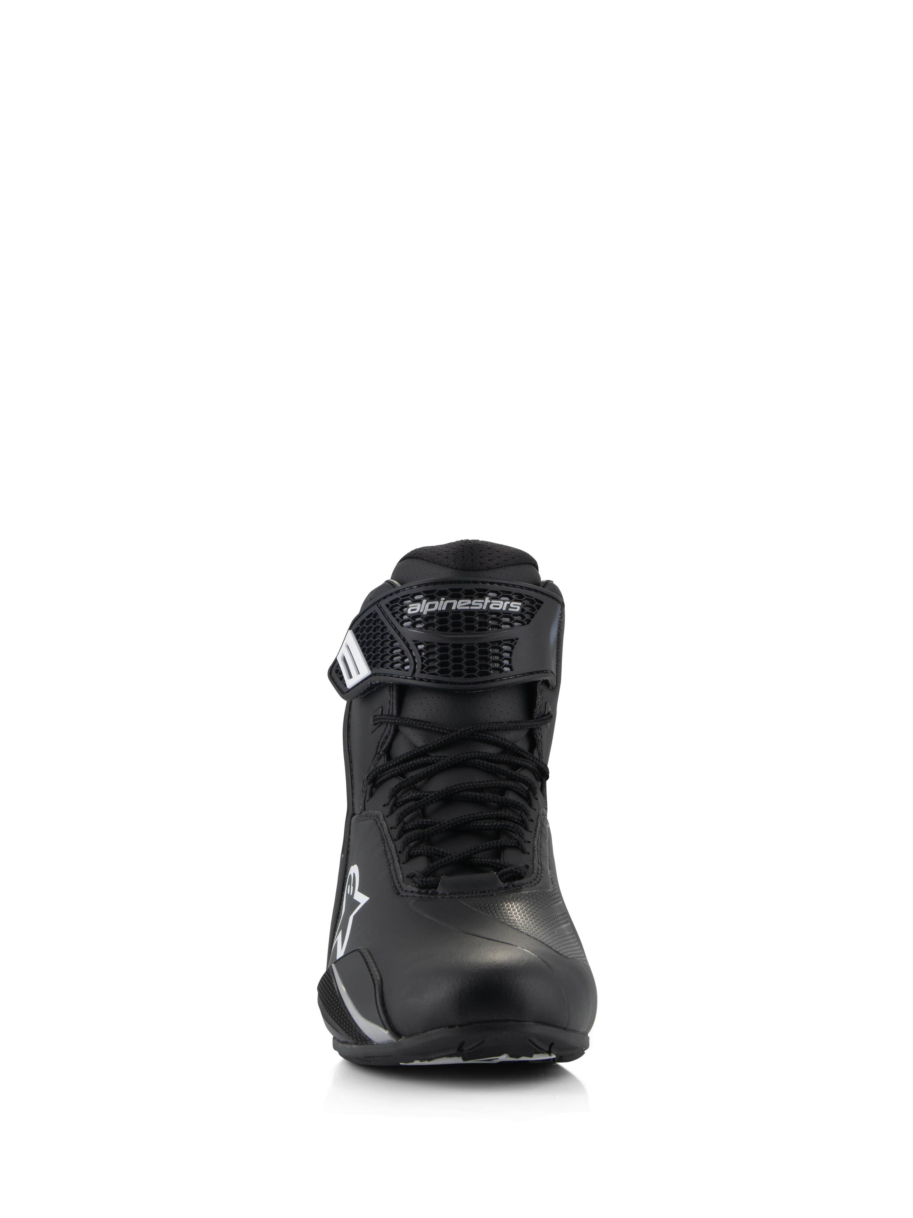 Chaussures Alpinestars Stella Faster-4, chaussures de moto pour femme, noir, vue de face, avec fermeture à lacets et sangle à scratch ajustable avec logo Alpinestars, chaussures de route techniques en microfibre légère
