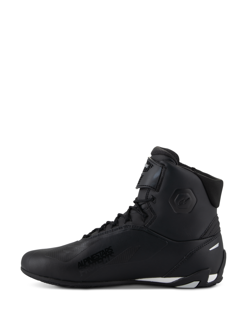 Chaussures Alpinestars Stella Faster-4, chaussures de moto pour femme, noires avec des accents blancs, vue de profil, design montant avec fermeture à lacets et sangle de cheville ajustable, chaussures de moto de protection