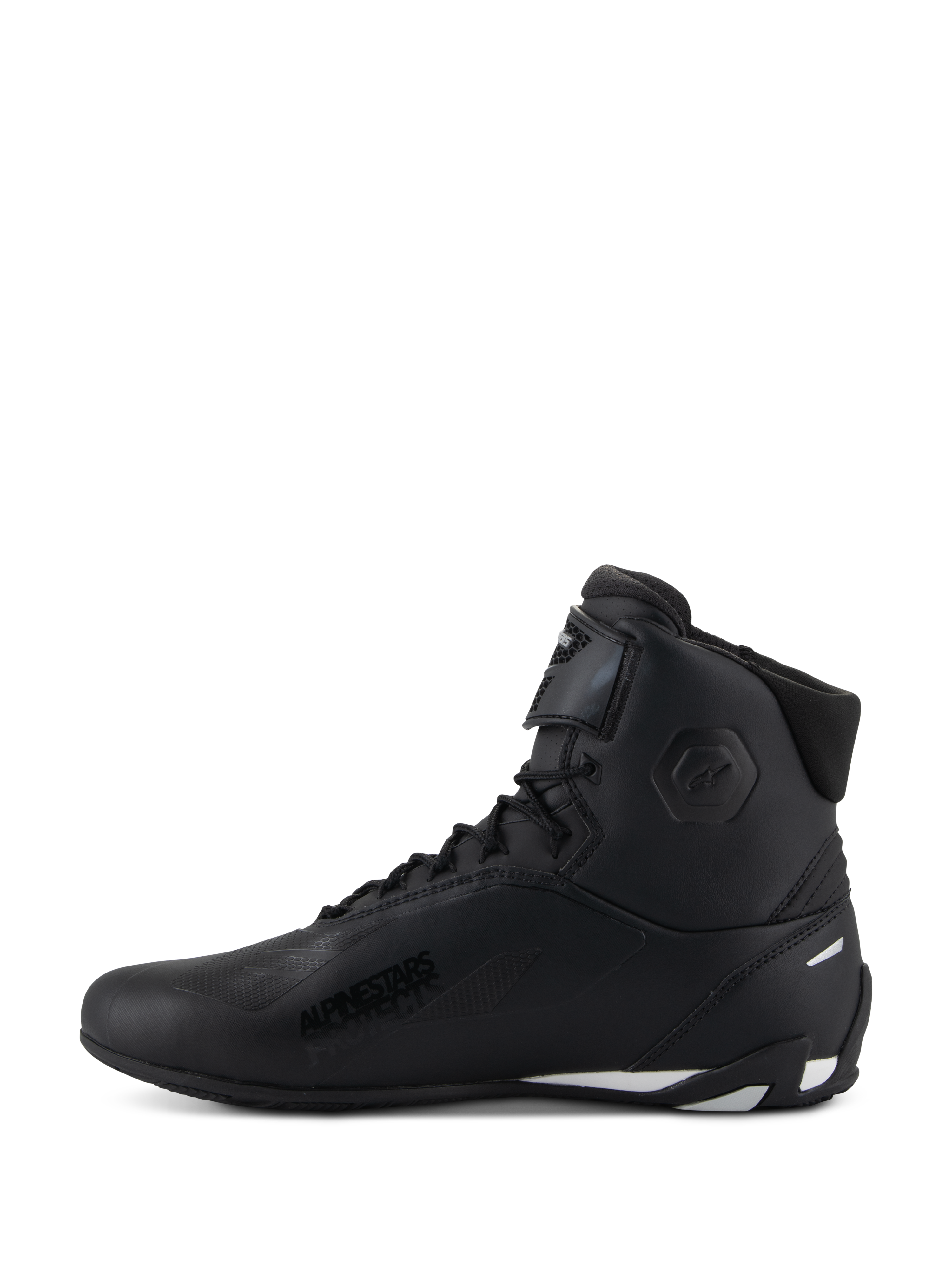 Chaussures Alpinestars Stella Faster-4, chaussures de moto pour femme, noires avec des accents blancs, vue de profil, design montant avec fermeture à lacets et sangle de cheville ajustable, chaussures de moto de protection
