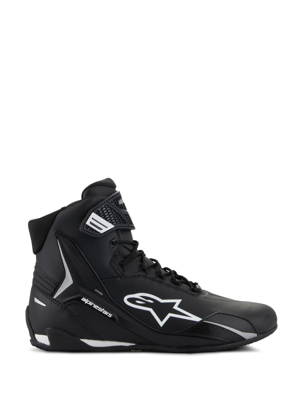 Chaussures Alpinestars Stella Faster-4, chaussures de moto pour femme, noir et blanc, design montant avec logo Astars et sangle de cheville, vue de profil latéral