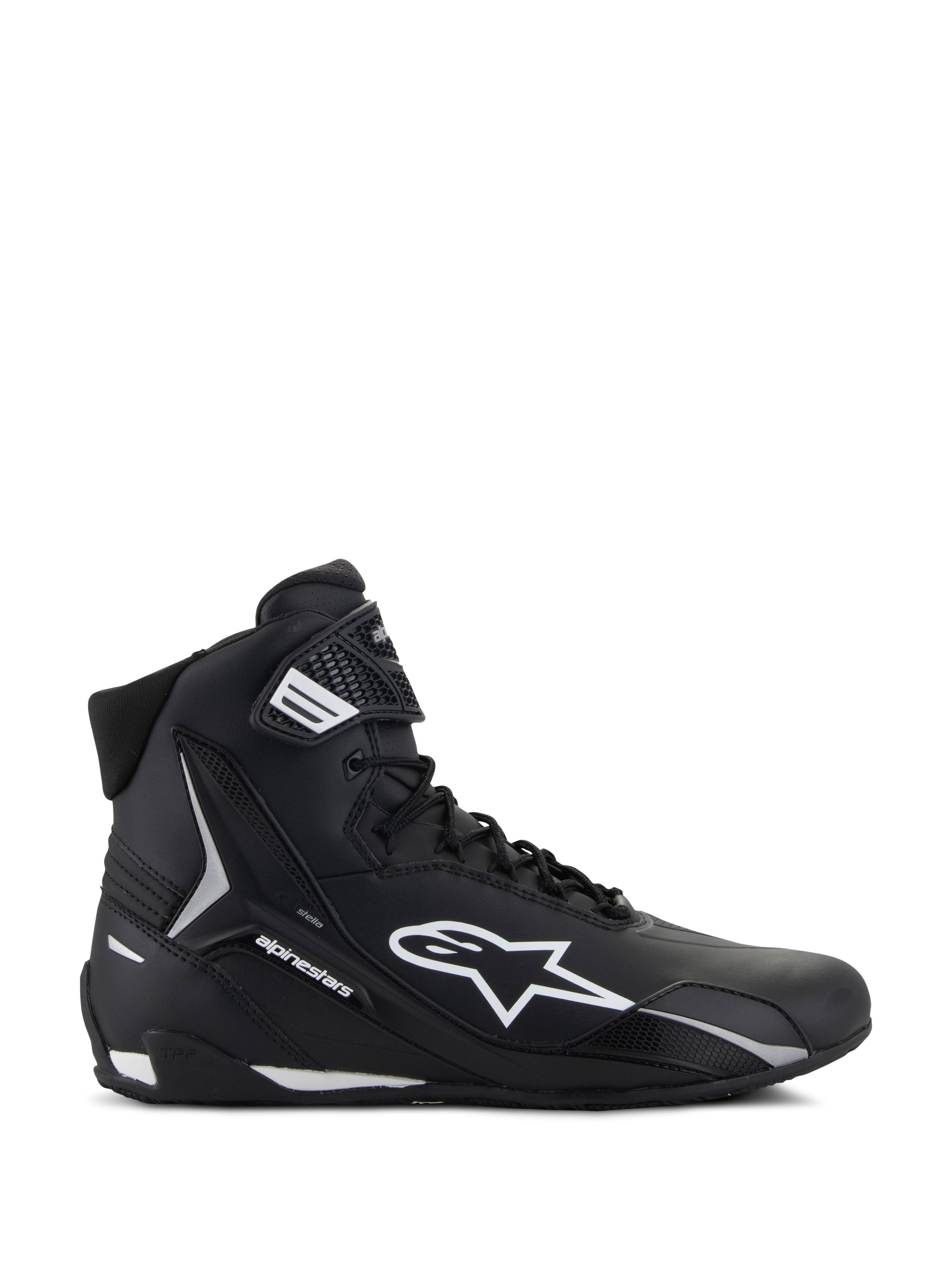 Chaussures Alpinestars Stella Faster-4, chaussures de moto pour femme, noir et blanc, design montant avec logo Astars et sangle de cheville, vue de profil latéral