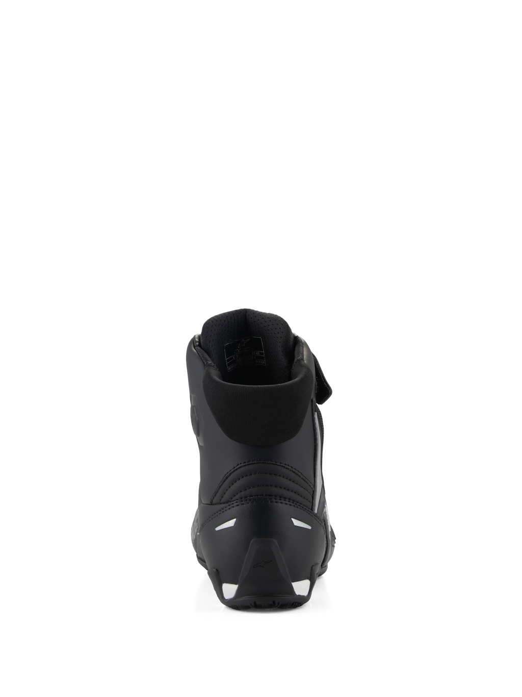 Chaussures Alpinestars Stella Faster-4, chaussures de moto pour femme, noires, vue arrière montrant le col rembourré, le contrefort de talon en TPR renforcé et les inserts réfléchissants, design profilé et performant pour la route