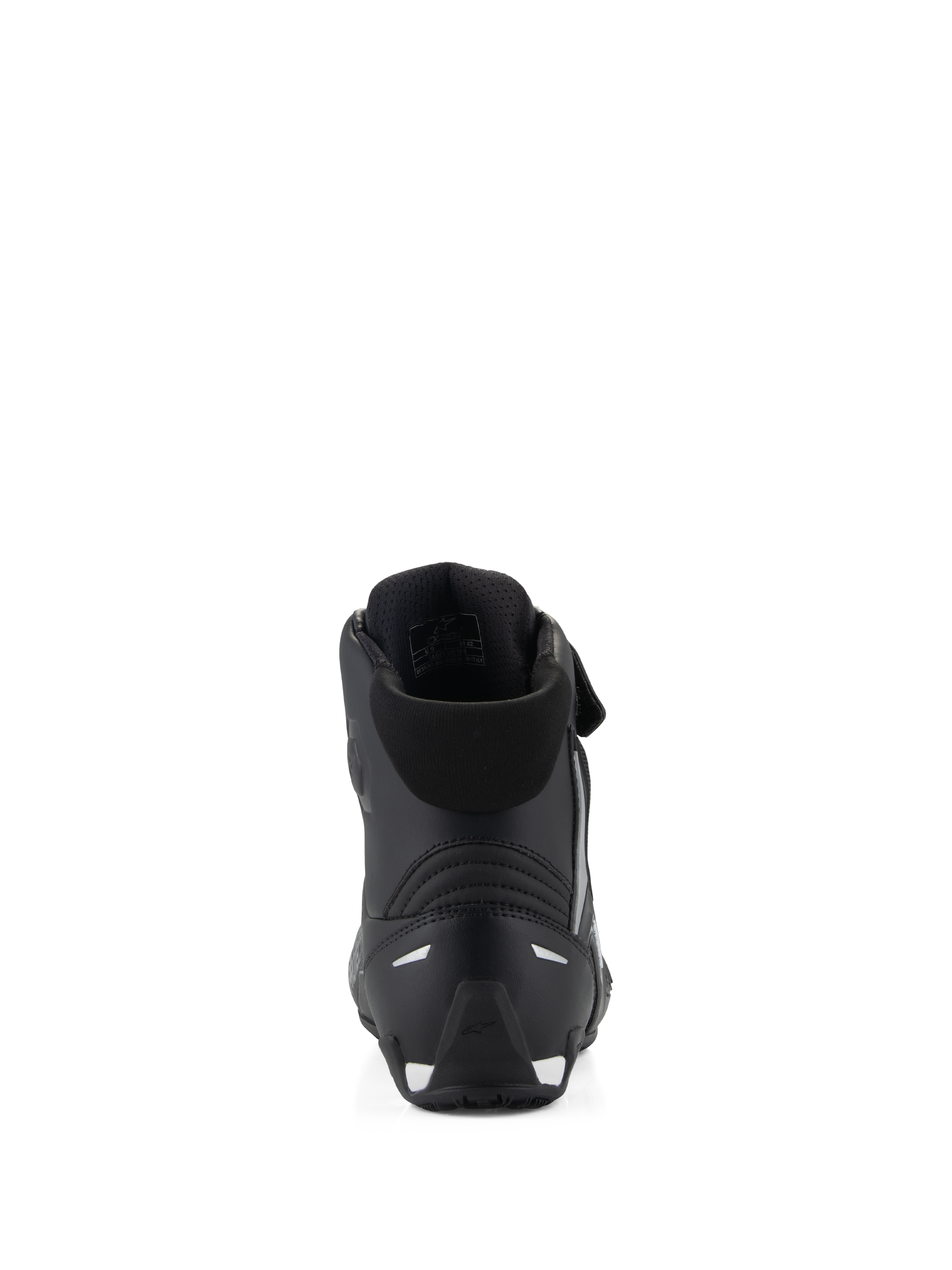 Chaussures Alpinestars Stella Faster-4, chaussures de moto pour femme, noires, vue arrière montrant le col rembourré, le contrefort de talon en TPR renforcé et les inserts réfléchissants, design profilé et performant pour la route