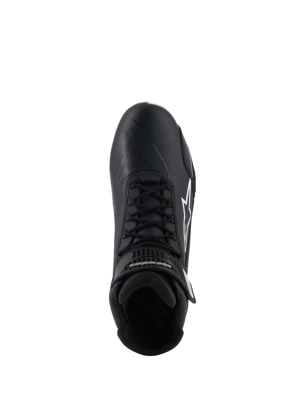 Chaussures Alpinestars Stella Faster-4, chaussures de moto pour femme, noir, vue de dessus, avec lacets noirs, logo étoile Alpinestars blanc et sangle de cheville ajustable, design épuré en microfibre pour la conduite sur route et sportive