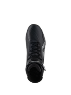 Chaussures Alpinestars Stella Faster-4, chaussures de moto pour femme, noir, vue de dessus, avec lacets noirs, logo étoile Alpinestars blanc et sangle de cheville ajustable, design épuré en microfibre pour la conduite sur route et sportive