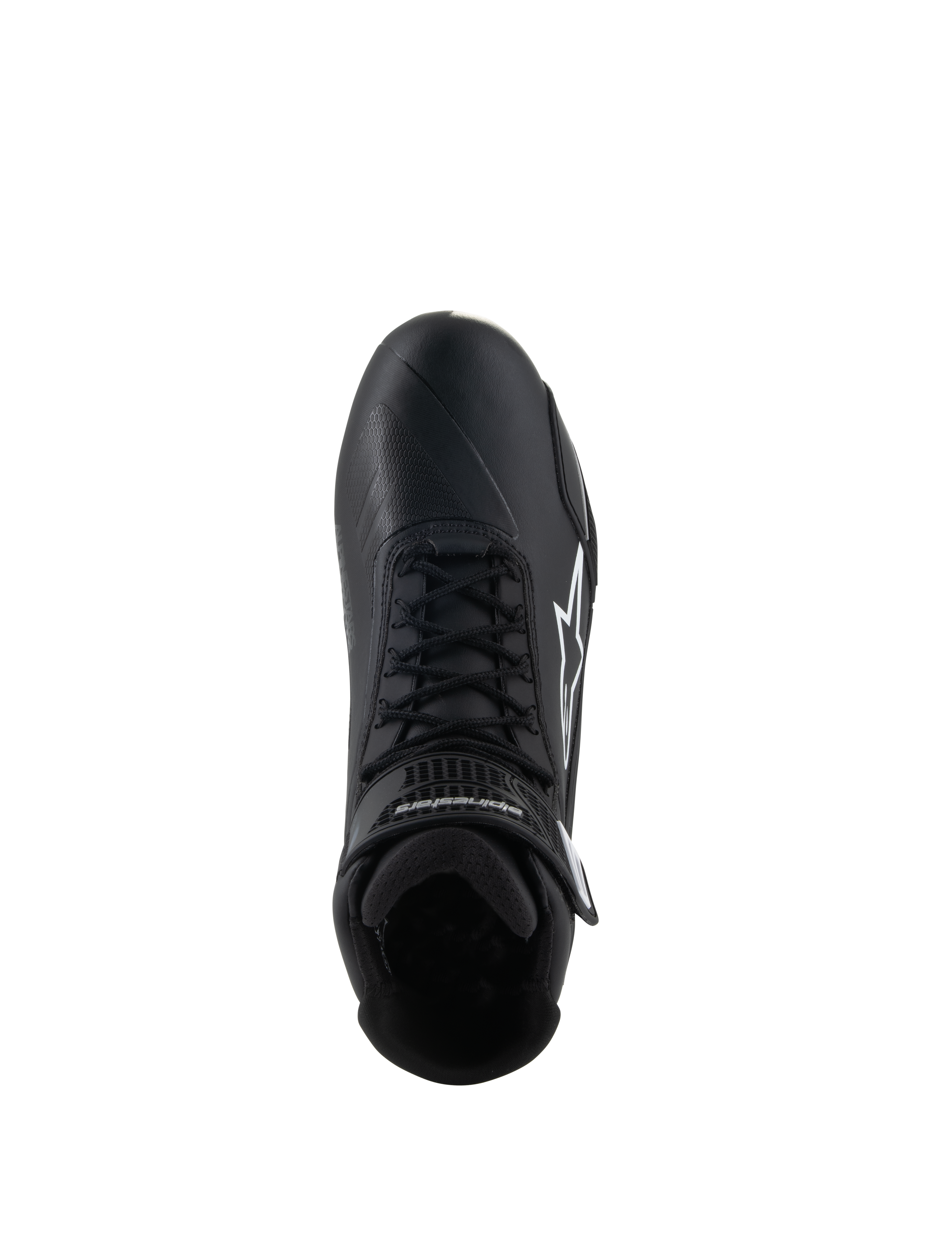 Chaussures Alpinestars Stella Faster-4, chaussures de moto pour femme, noir, vue de dessus, avec lacets noirs, logo étoile Alpinestars blanc et sangle de cheville ajustable, design épuré en microfibre pour la conduite sur route et sportive