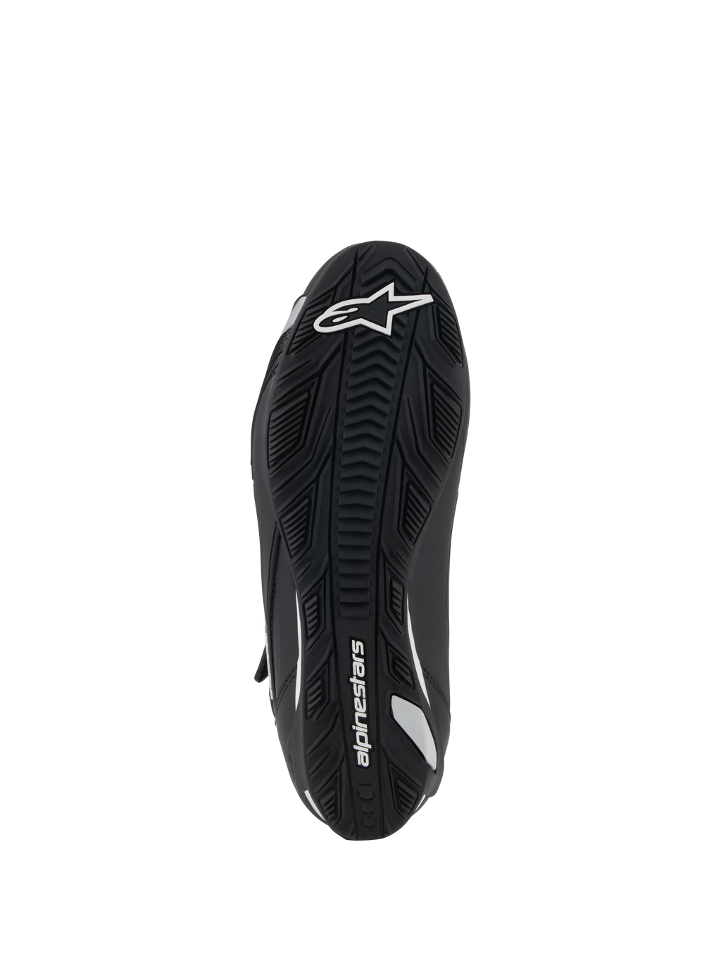 Chaussures de moto pour femme Alpinestars Stella Faster-4, vue de dessous, semelle en caoutchouc noir avec adhérence texturée, logo et marquage Alpinestars blancs, design ergonomique pour la traction et le soutien