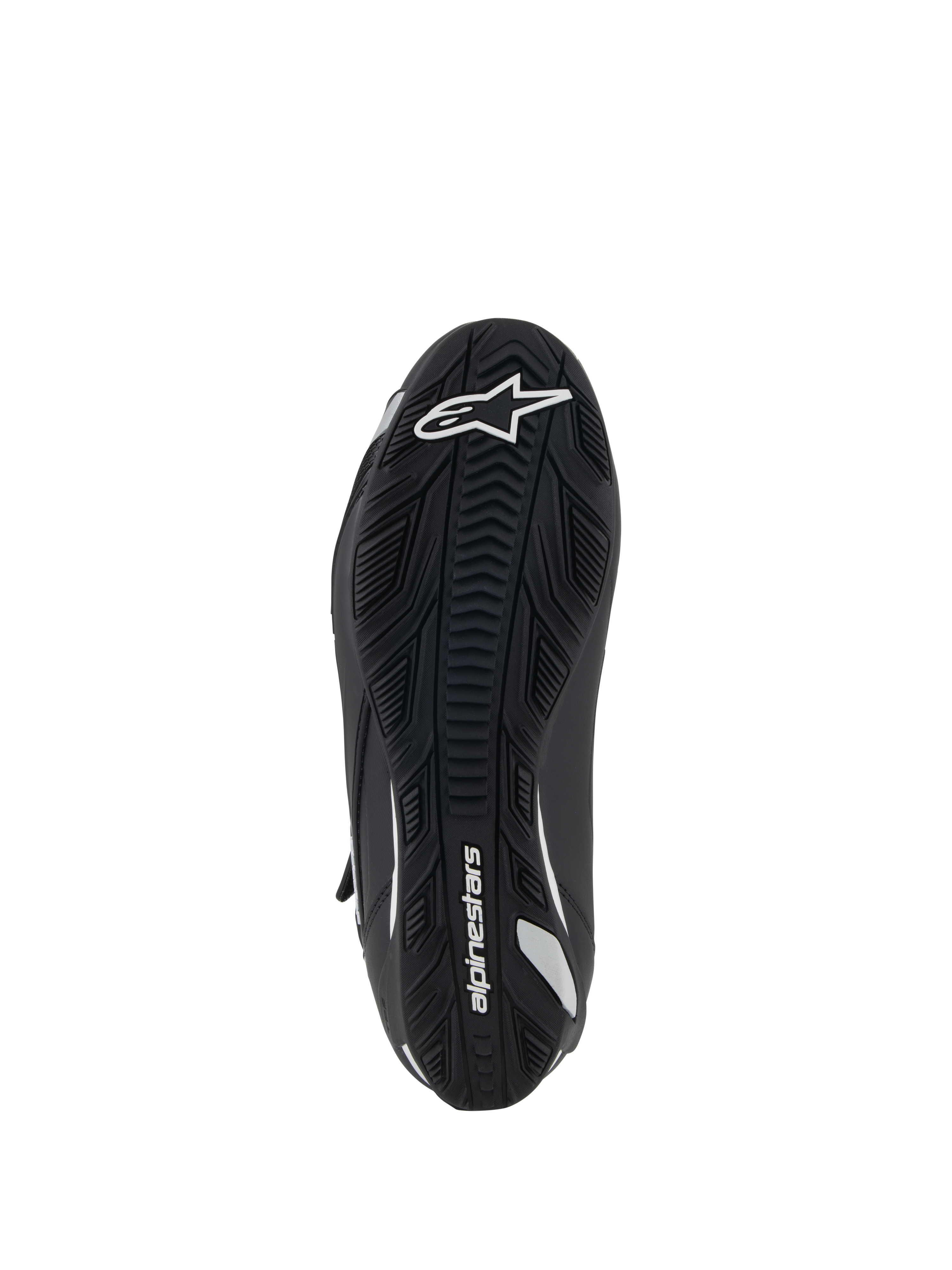 Chaussures de moto pour femme Alpinestars Stella Faster-4, vue de dessous, semelle en caoutchouc noir avec adhérence texturée, logo et marquage Alpinestars blancs, design ergonomique pour la traction et le soutien