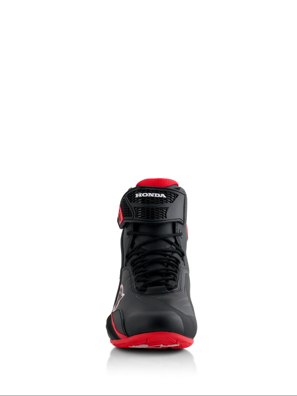 Chaussures Alpinestars Honda Faster-4, noir et rouge, vue de face, dotées d'une construction en microfibre sans couture, d'une fermeture à lacets et d'une sangle de cheville réglable avec marquage Honda