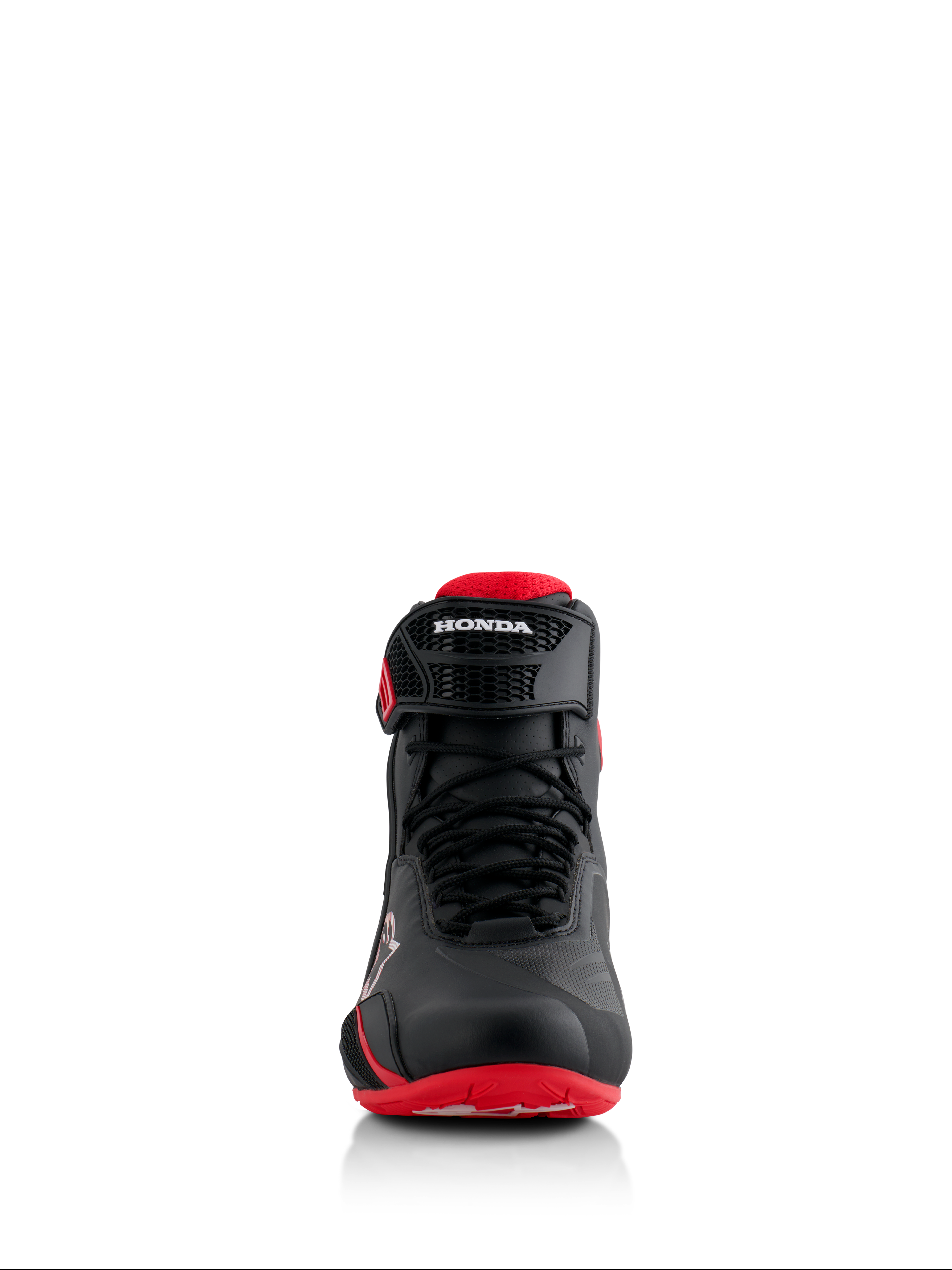 Chaussures Alpinestars Honda Faster-4, noir et rouge, vue de face, dotées d'une construction en microfibre sans couture, d'une fermeture à lacets et d'une sangle de cheville réglable avec marquage Honda