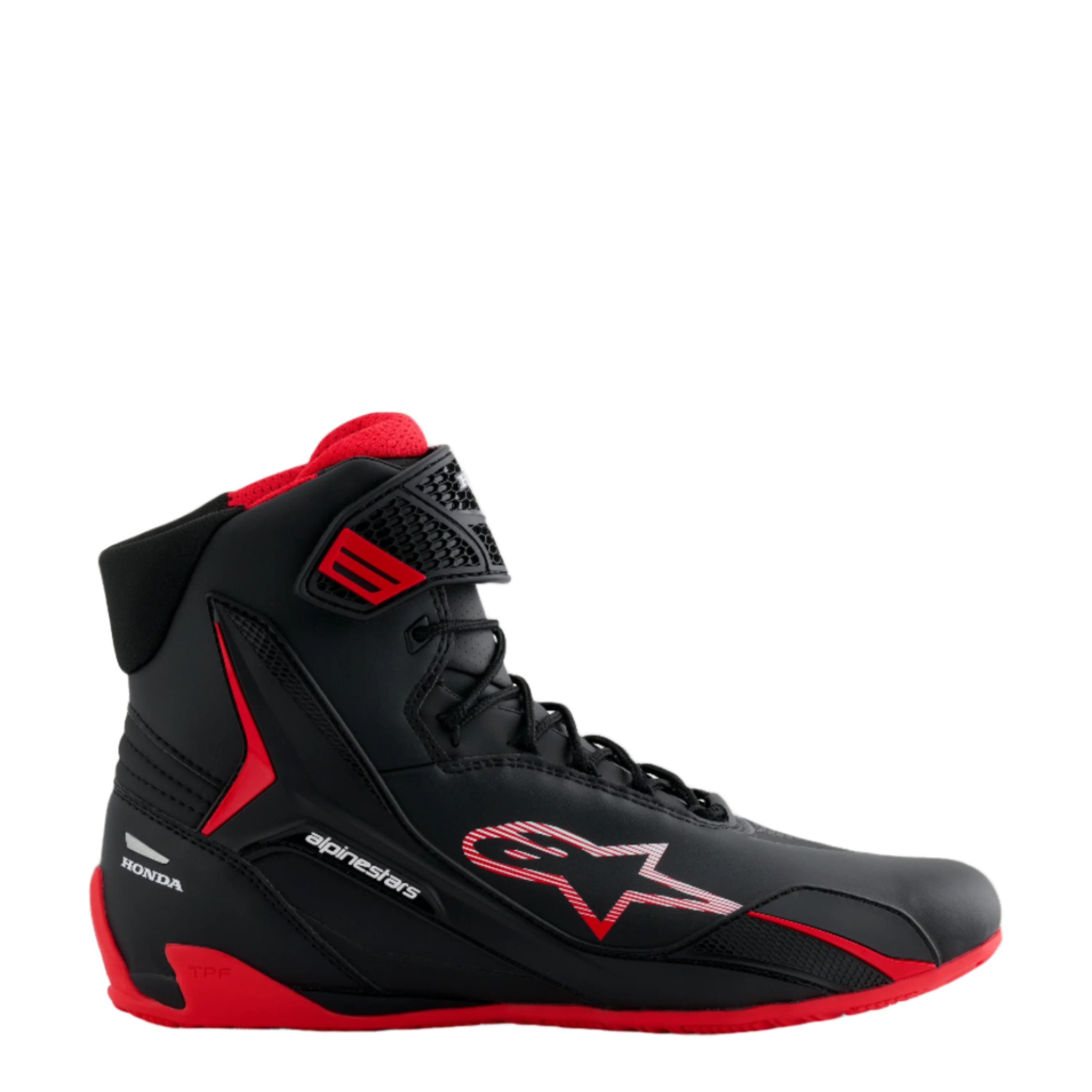 Chaussures Alpinestars Honda Faster-4, chaussures de moto montantes noir et rouge, design élégant en microfibre avec logo étoile rayé, semelle rouge et intérieur rembourré, marquage Honda sur le talon, chaussures de sport automobile performantes