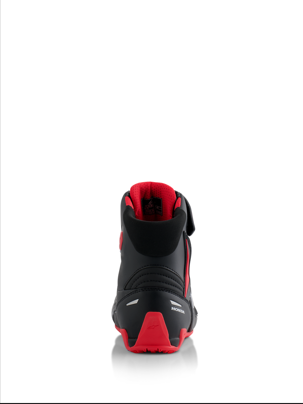 Chaussures Alpinestars Honda Faster-4, chaussures de moto, noir et rouge, vue arrière montrant le logo Honda blanc et le contrefort de talon en TPU rouge, col rembourré avec doublure en maille rouge, détails réfléchissants pour la sécurité