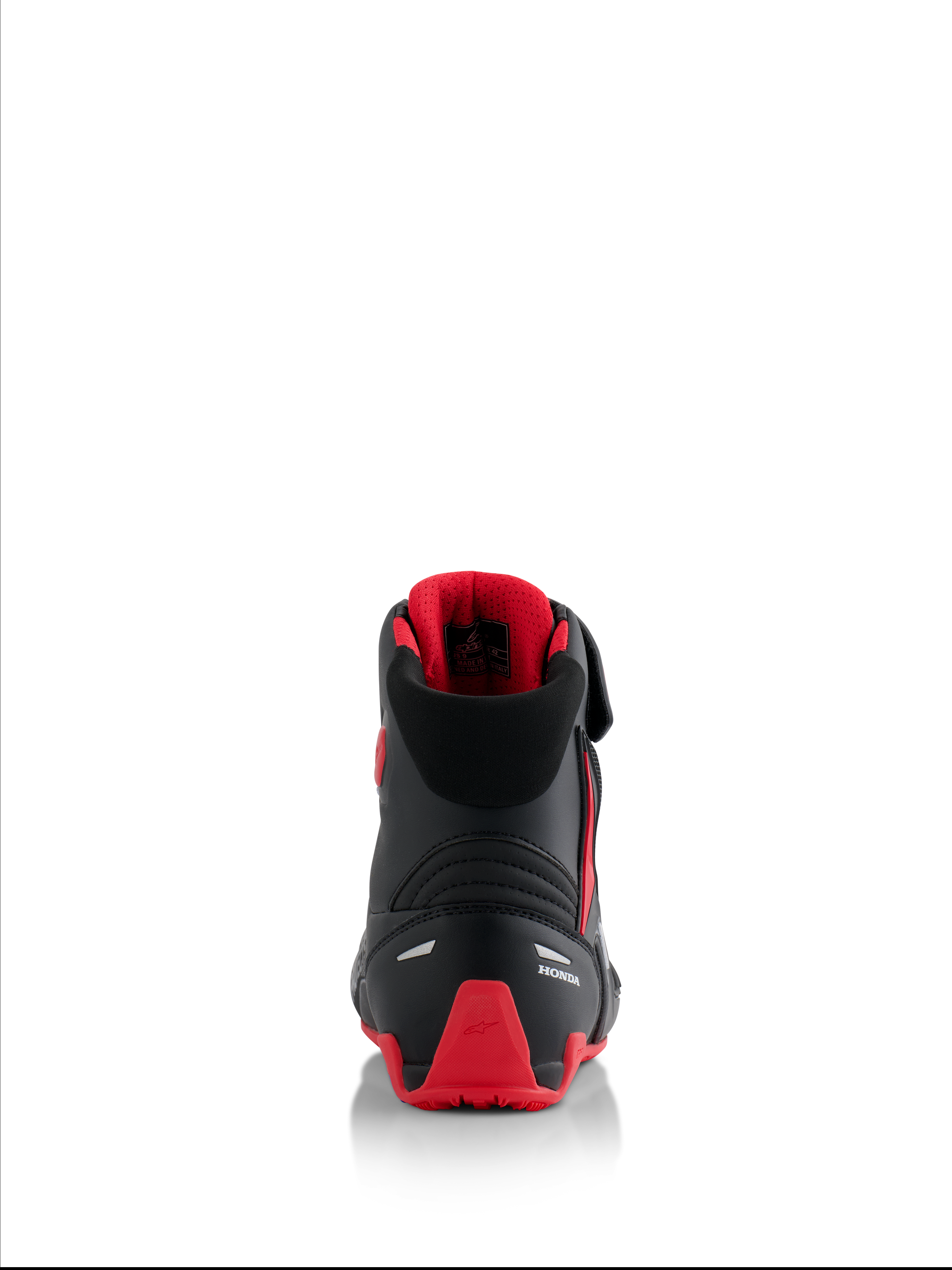 Chaussures Alpinestars Honda Faster-4, chaussures de moto, noir et rouge, vue arrière montrant le logo Honda blanc et le contrefort de talon en TPU rouge, col rembourré avec doublure en maille rouge, détails réfléchissants pour la sécurité