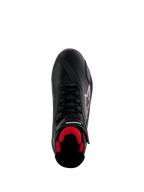 Chaussures Alpinestars Honda Faster-4, chaussures de moto, noir et rouge, vue de dessus avec tige en microfibre noire, intérieur en maille rouge, lacets noirs traditionnels et logos Alpinestars et Honda