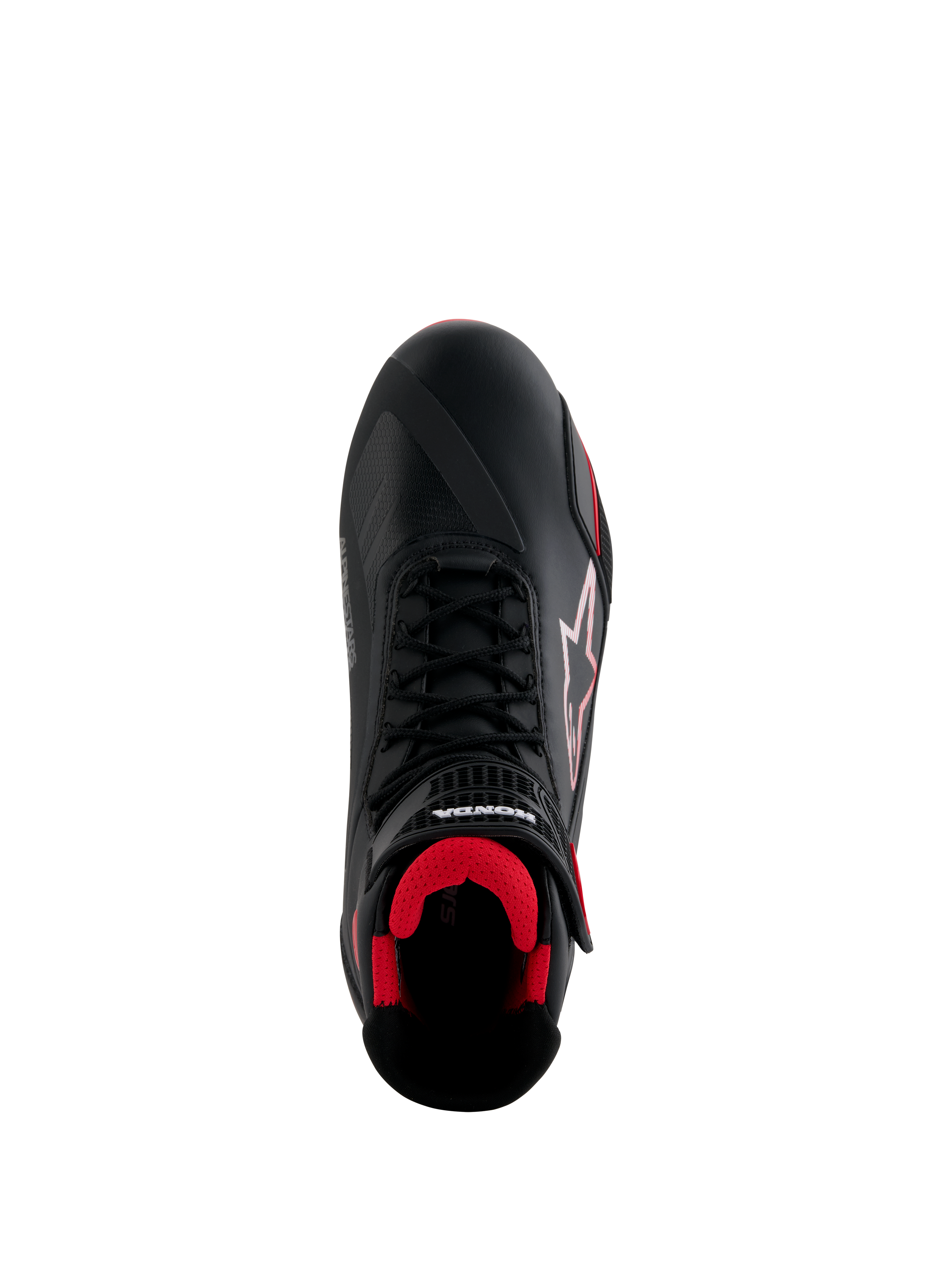 Chaussures Alpinestars Honda Faster-4, chaussures de moto, noir et rouge, vue de dessus avec tige en microfibre noire, intérieur en maille rouge, lacets noirs traditionnels et logos Alpinestars et Honda