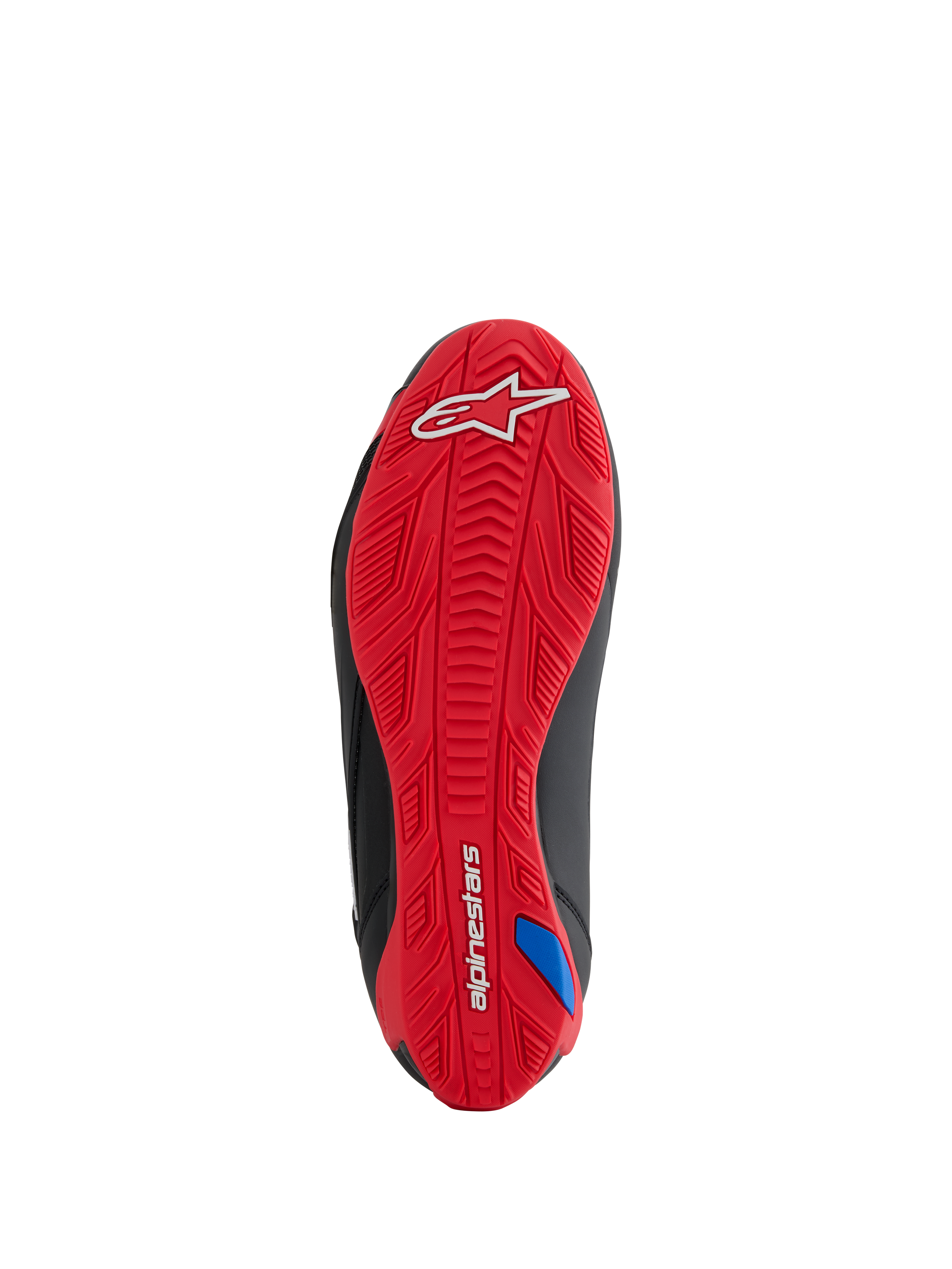 Chaussures Alpinestars Honda Faster-4, vue de la semelle, semelle extérieure en caoutchouc texturé rouge vif, avec logo Alpinestars blanc sur le talon et nom de la marque sur la voûte plantaire, motif d'adhérence intégré pour la conduite de moto, accents latéraux noirs