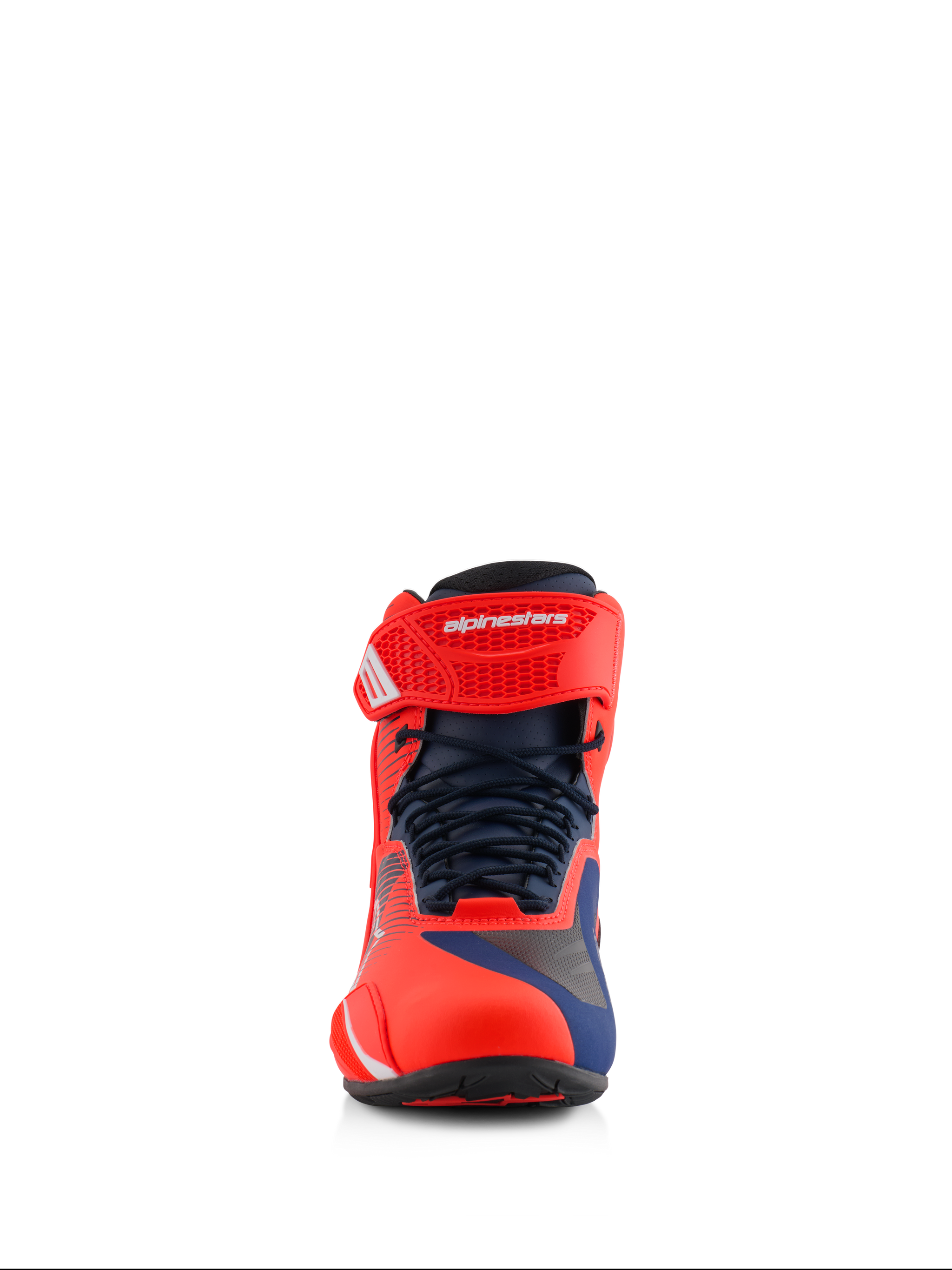 Alpinestars MM93 Faster-4 Shoes, motorcycle riding shoes, Red Fluo and Dark Blue, front view showing technical microfiber upper, lace-up closure with adjustable hook-and-loop ankle strap, sporty high-performance design