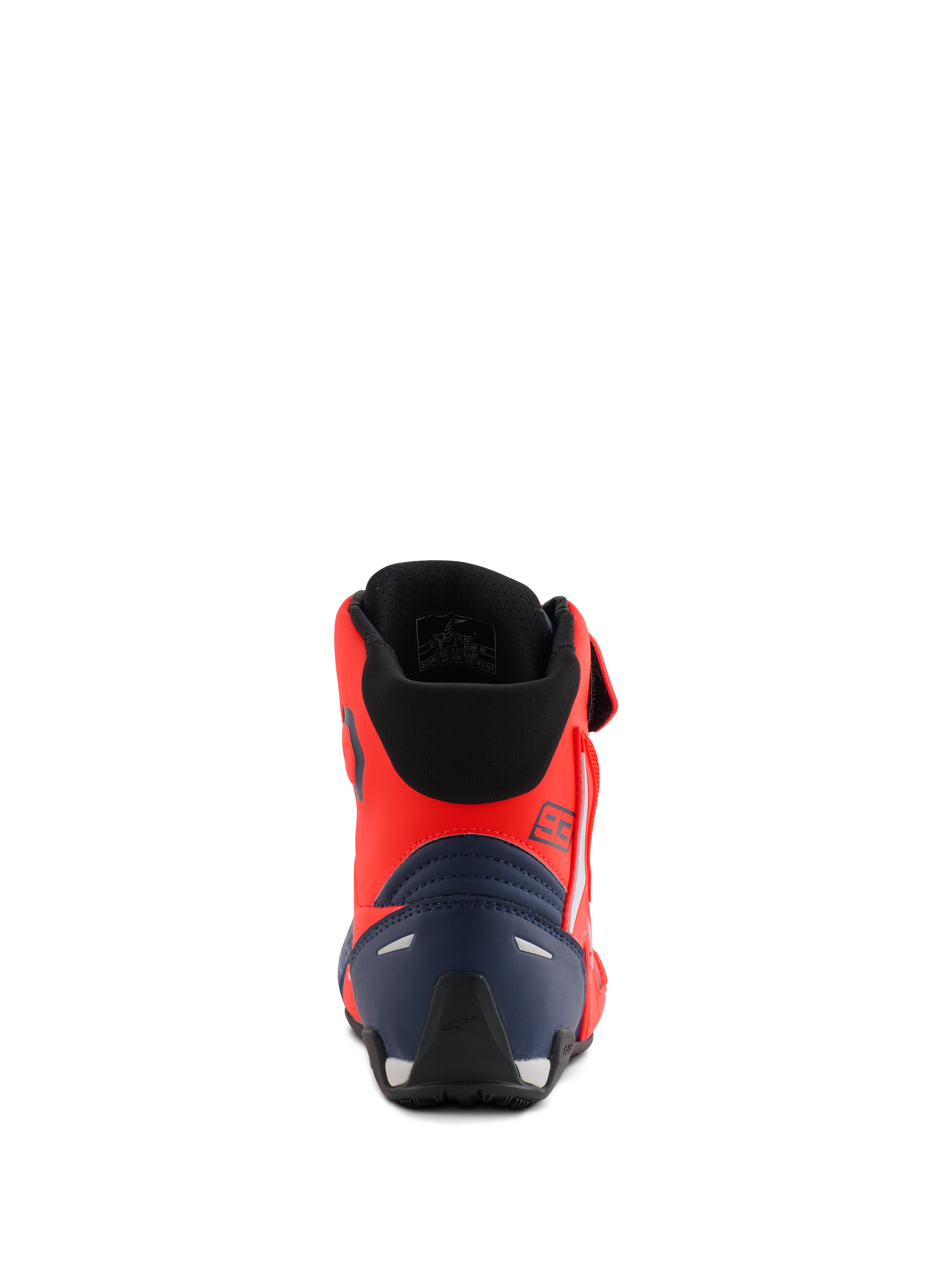 Alpinestars MM93 Faster-4 Shoes, Motorcycle Riding Shoes, Red Fluo and Dark Blue, rear view showing the 93 branding, reinforced heel counter, and black mesh interior