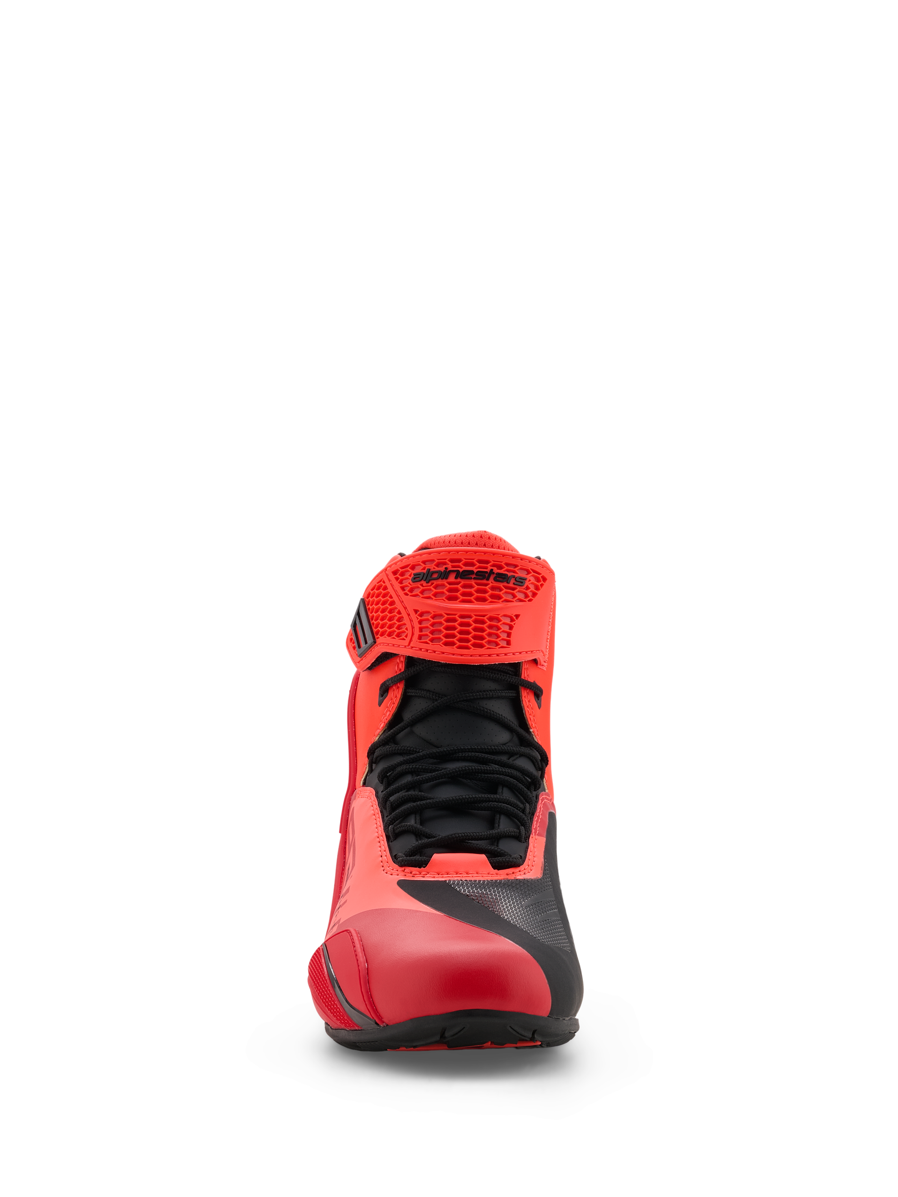 Chaussures Alpinestars MM93 Faster-4, chaussures de moto, rouge fluo et rouge vif avec des accents noirs, vue de face présentant des lacets noirs, une sangle réglable en TPR rouge avec le logo Alpinestars et une construction en microfibre légère.