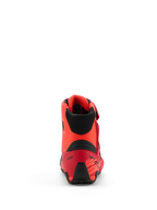Chaussures Alpinestars MM93 Faster-4, chaussures de moto, rouge fluo, rouge vif et noir, vue arrière montrant le contrefort de talon en TPR et le col en textile noir, design ergonomique avec des accents inspirés de la course
