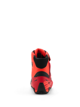 Chaussures Alpinestars MM93 Faster-4, chaussures de moto, rouge fluo, rouge vif et noir, vue arrière montrant le contrefort de talon en TPR et le col en textile noir, design ergonomique avec des accents inspirés de la course