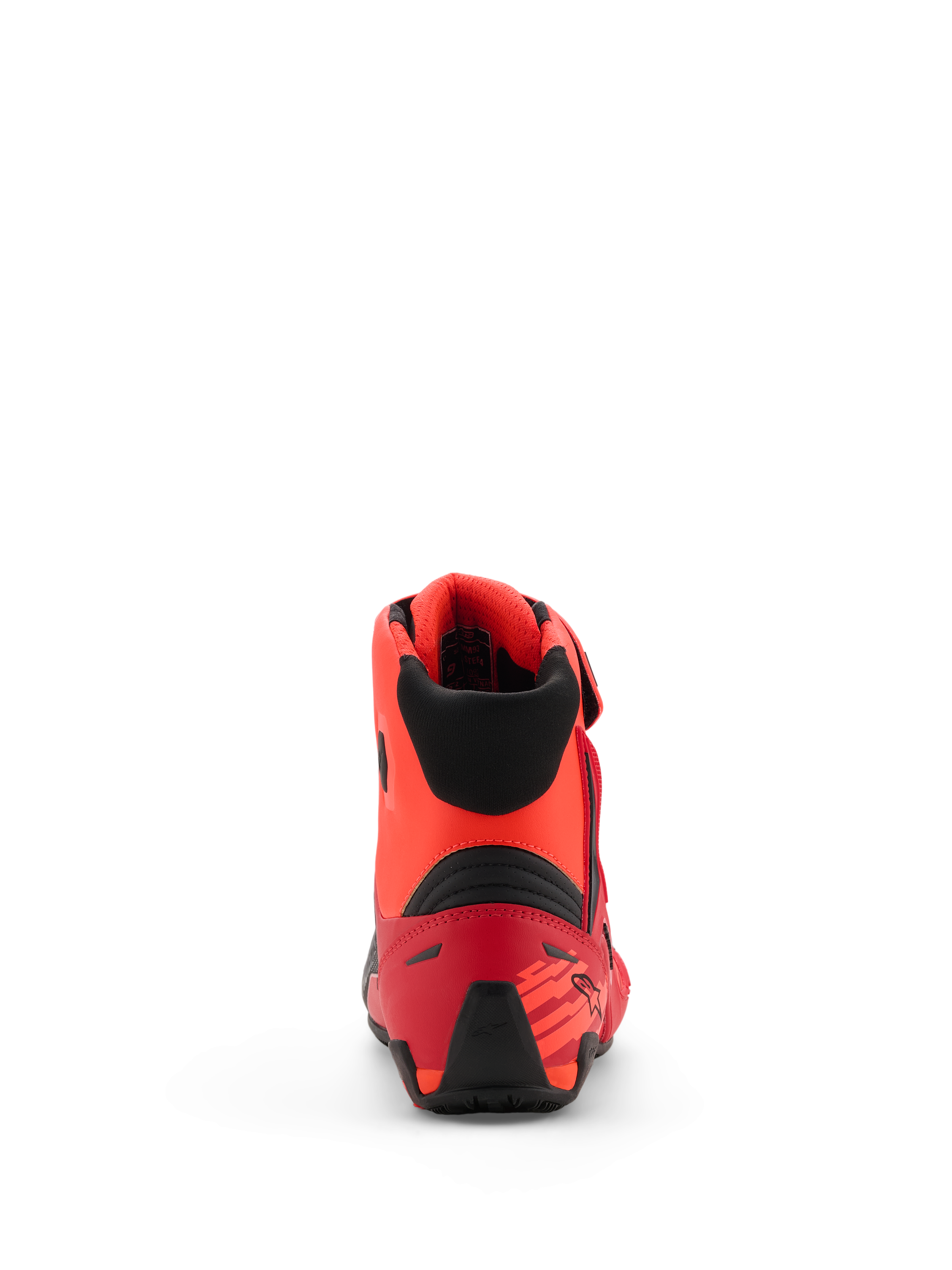 Chaussures Alpinestars MM93 Faster-4, chaussures de moto, rouge fluo, rouge vif et noir, vue arrière montrant le contrefort de talon en TPR et le col en textile noir, design ergonomique avec des accents inspirés de la course