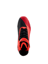 Chaussures Alpinestars MM93 Faster-4, chaussures de moto, rouge fluo, rouge vif et noir, vue de dessus présentant des lacets noirs et une sangle à crochet et boucle rouge, design asymétrique de la pointe et intérieur rembourré pour la conduite sportive.