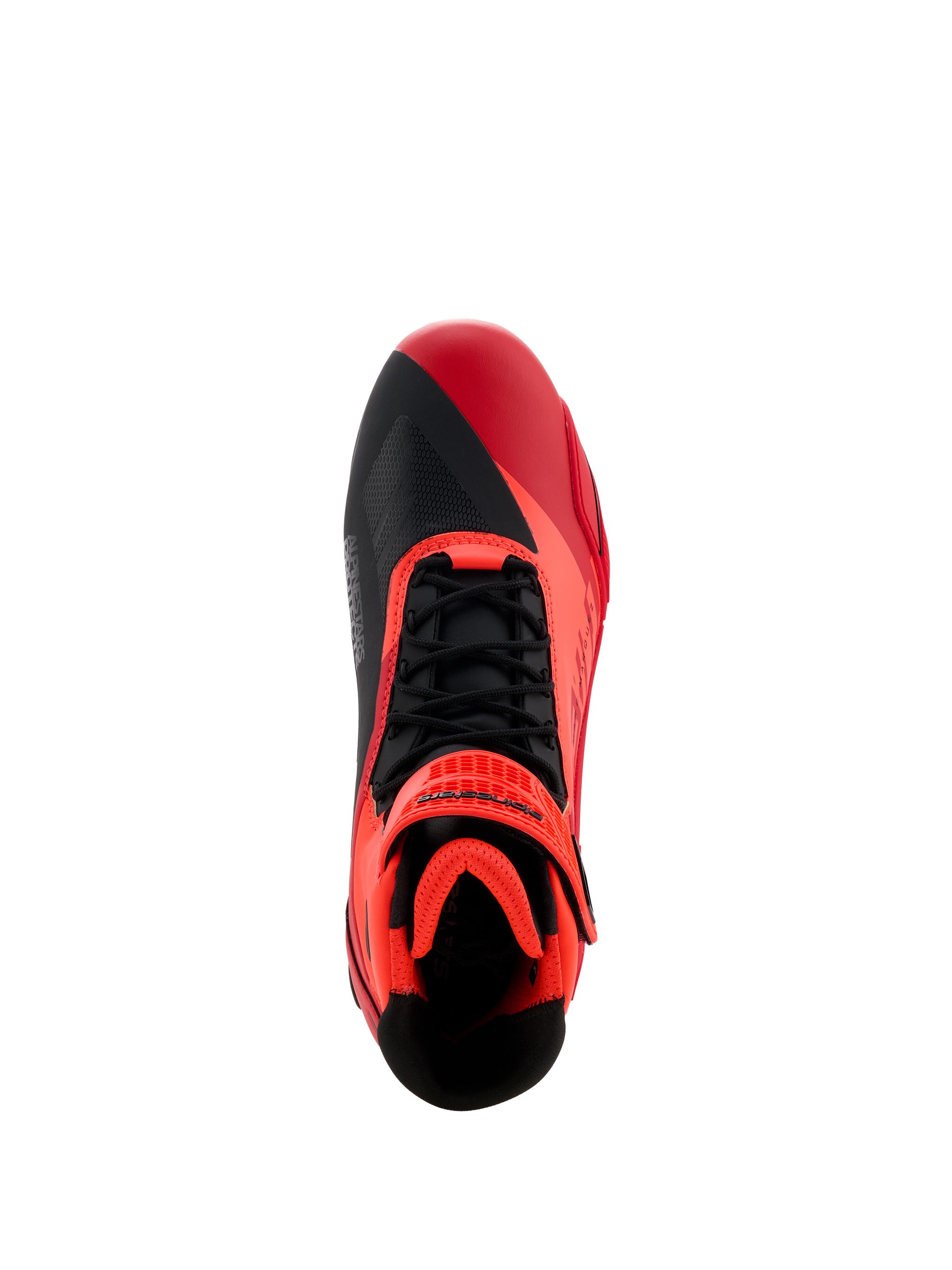 Chaussures Alpinestars MM93 Faster-4, chaussures de moto, rouge fluo, rouge vif et noir, vue de dessus présentant des lacets noirs et une sangle à crochet et boucle rouge, design asymétrique de la pointe et intérieur rembourré pour la conduite sportive.