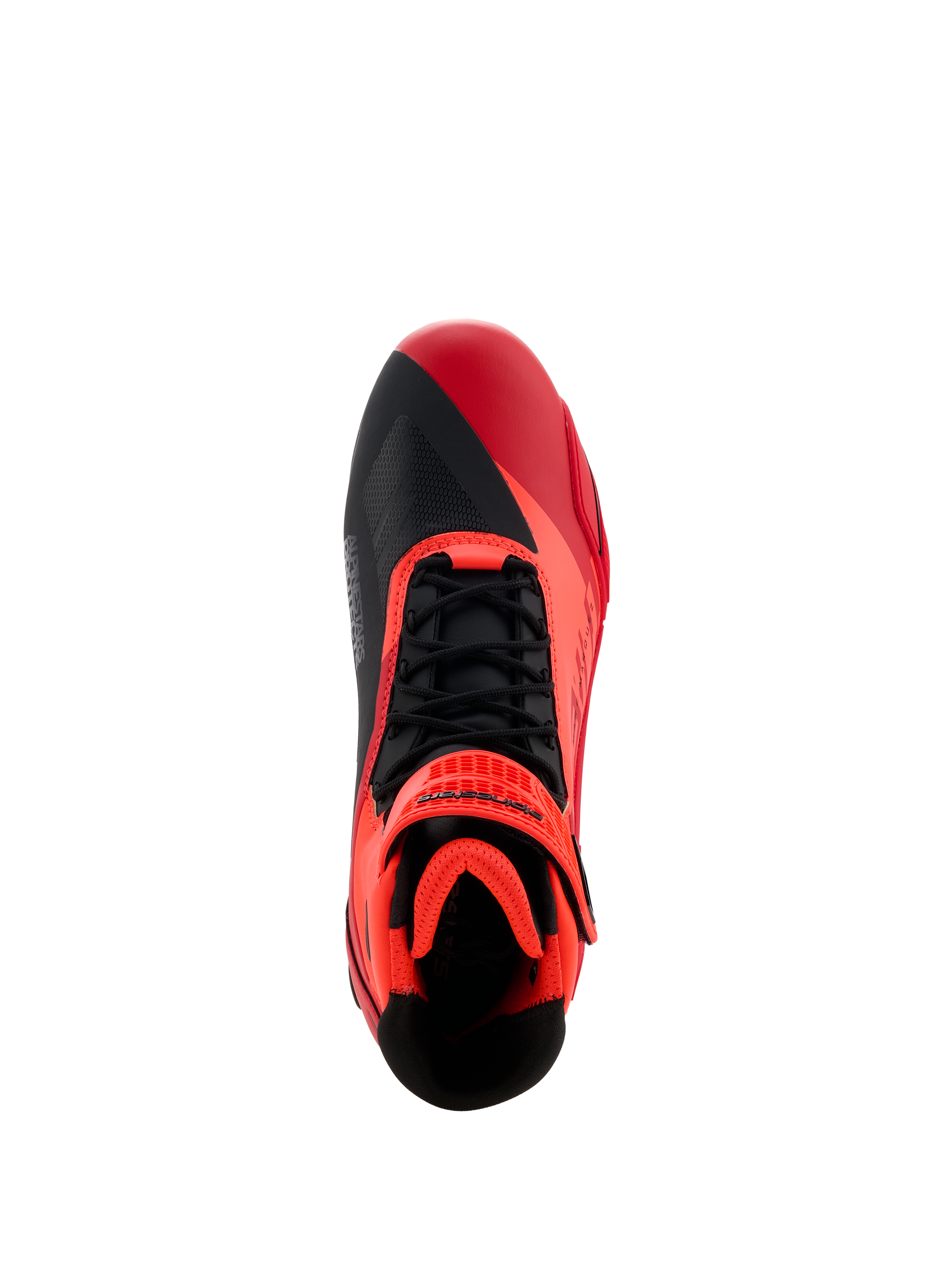 Chaussures Alpinestars MM93 Faster-4, chaussures de moto, rouge fluo, rouge vif et noir, vue de dessus présentant des lacets noirs et une sangle à crochet et boucle rouge, design asymétrique de la pointe et intérieur rembourré pour la conduite sportive.