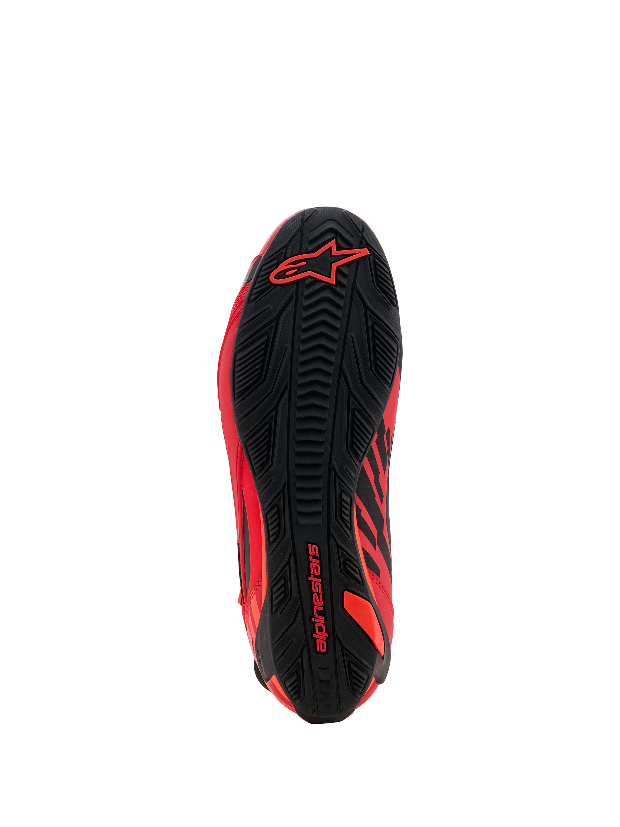 Chaussures Alpinestars MM93 Faster-4, chaussures de moto, rouge fluo, rouge vif et noir, vue de la semelle extérieure montrant le motif d'adhérence en caoutchouc texturé, avec logo Alpinestars rouge sur le talon et l'avant-pied, design de chaussures de sport et de course haute performance