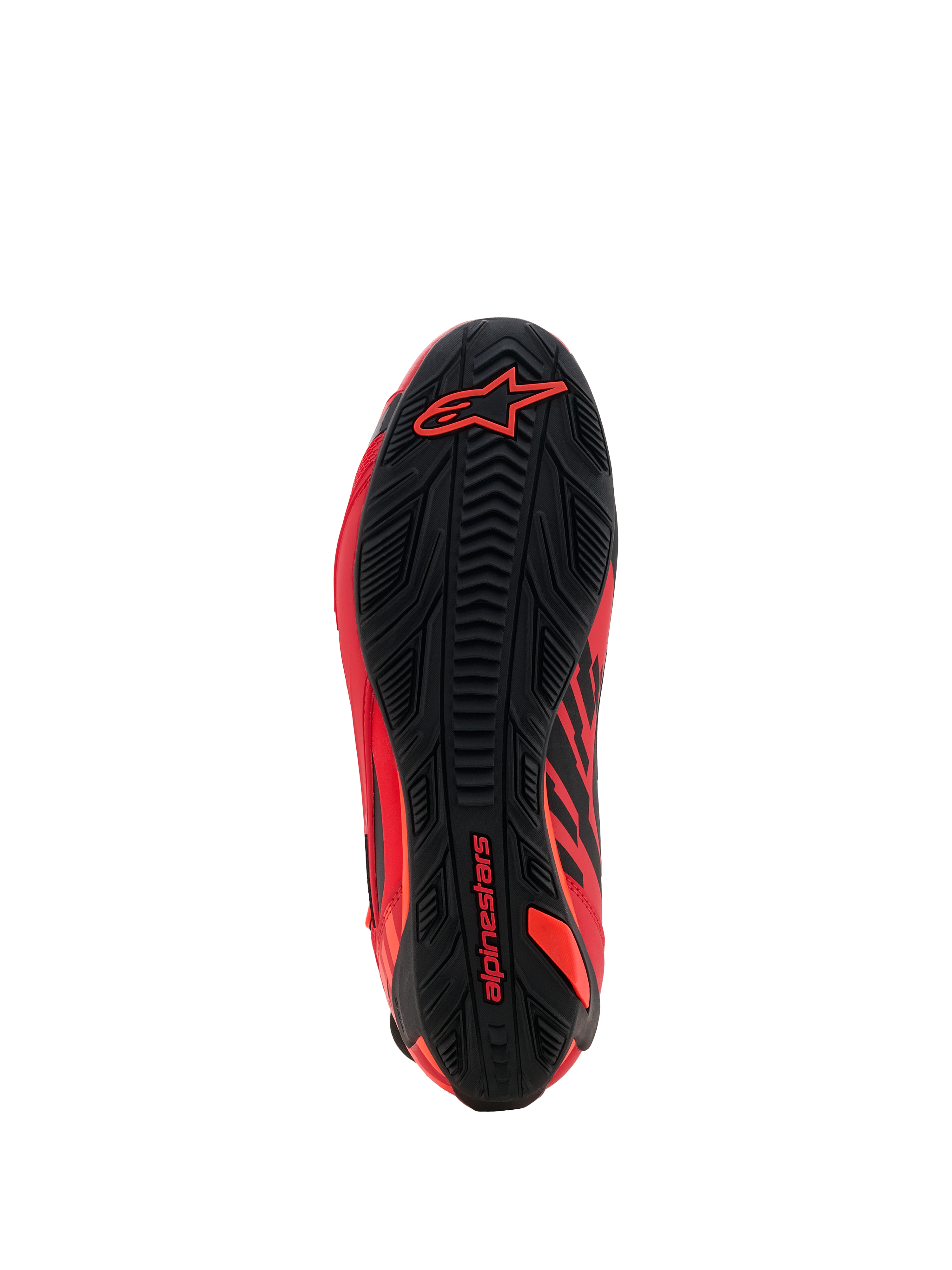 Chaussures Alpinestars MM93 Faster-4, chaussures de moto, rouge fluo, rouge vif et noir, vue de la semelle extérieure montrant le motif d'adhérence en caoutchouc texturé, avec logo Alpinestars rouge sur le talon et l'avant-pied, design de chaussures de sport et de course haute performance