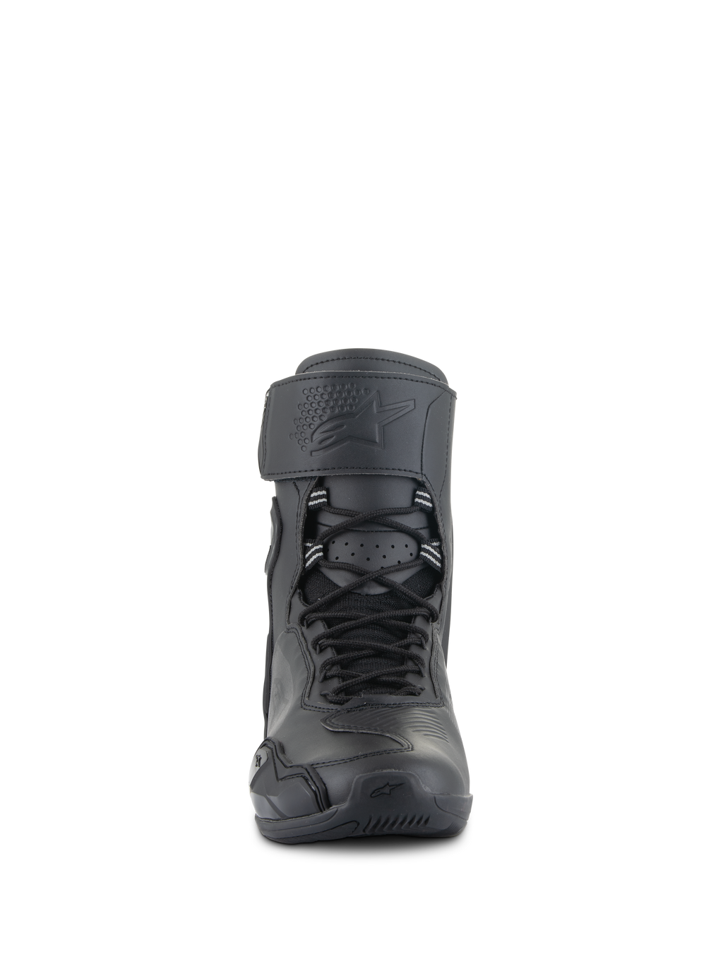 Alpinestars Superfaster Riding Shoes, Noir, vue de face de chaussures de moto montantes avec système de laçage rapide, large sangle supérieure avec logo embossé et design protecteur profilé
