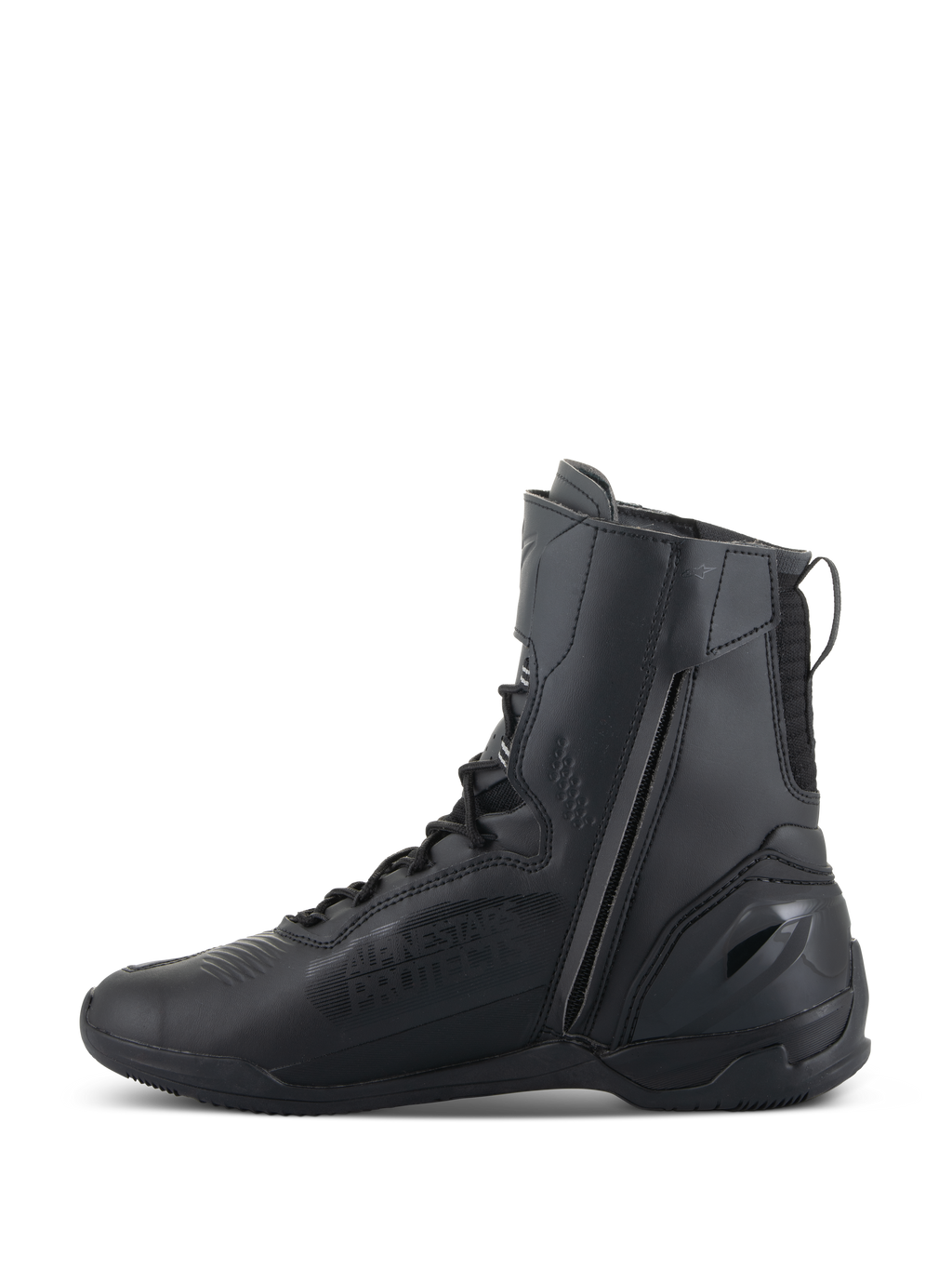 Chaussures Alpinestars Superfaster, chaussures de moto, Noir Noir, profil haut de 25 cm avec longue fermeture éclair latérale et système de laçage rapide, design élégant en microfibre noire avec talon renforcé
