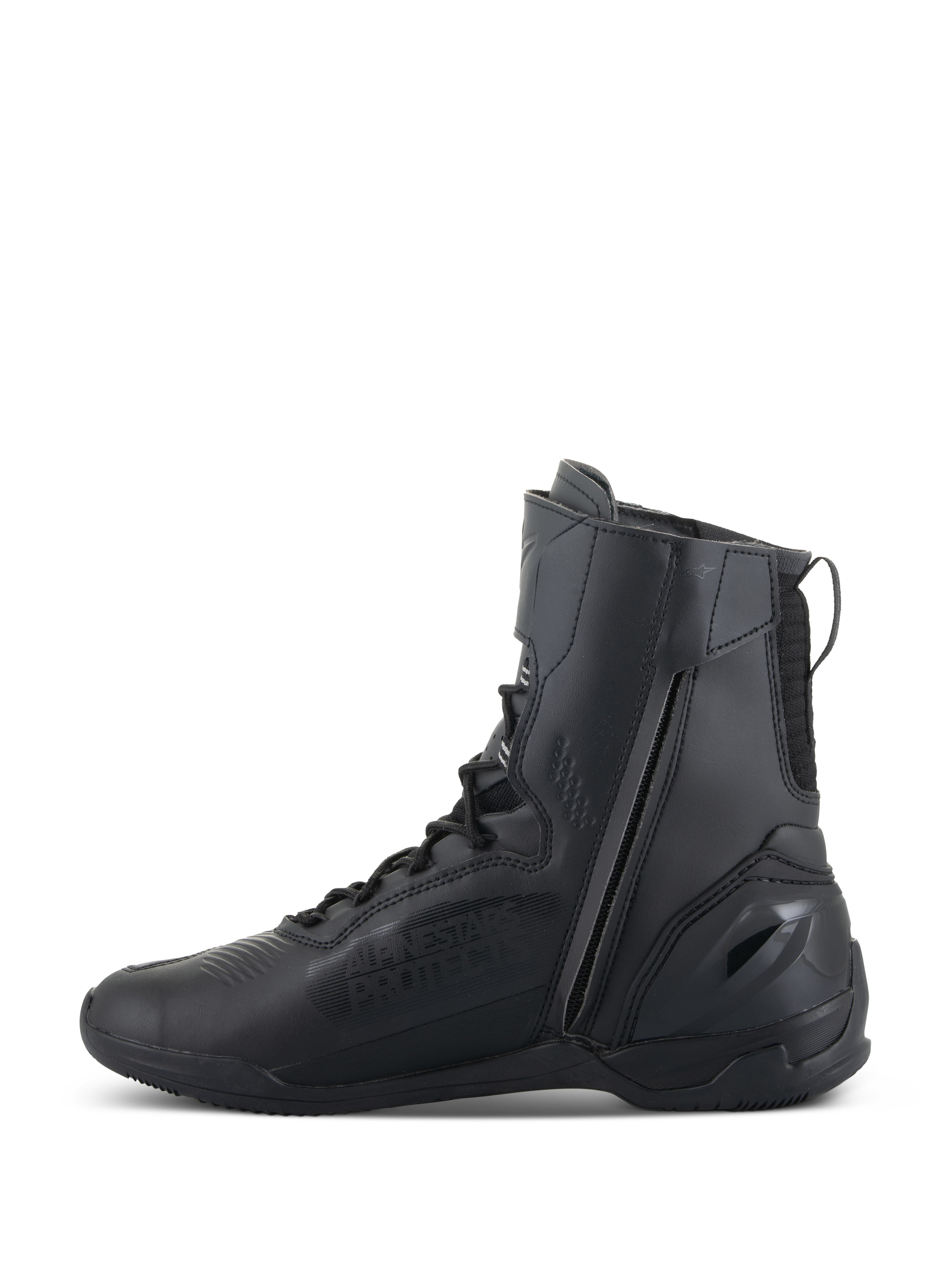 Chaussures Alpinestars Superfaster, chaussures de moto, Noir Noir, profil haut de 25 cm avec longue fermeture éclair latérale et système de laçage rapide, design élégant en microfibre noire avec talon renforcé