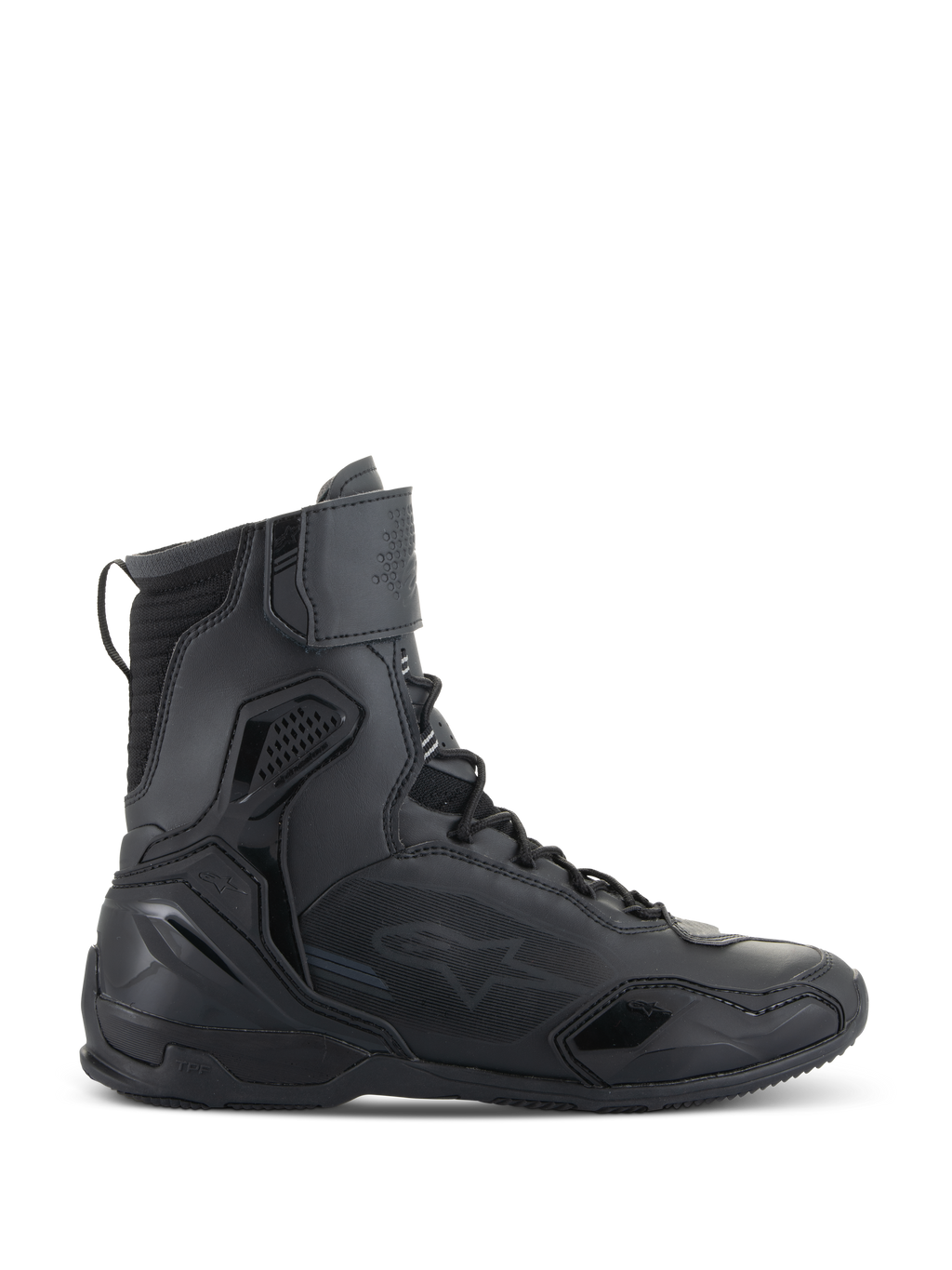 Alpinestars Superfaster Shoes, chaussures de moto, noir, vue de profil d'une chaussure technique montante avec protection intégrée, système de laçage rapide et sangle de cheville en velcro