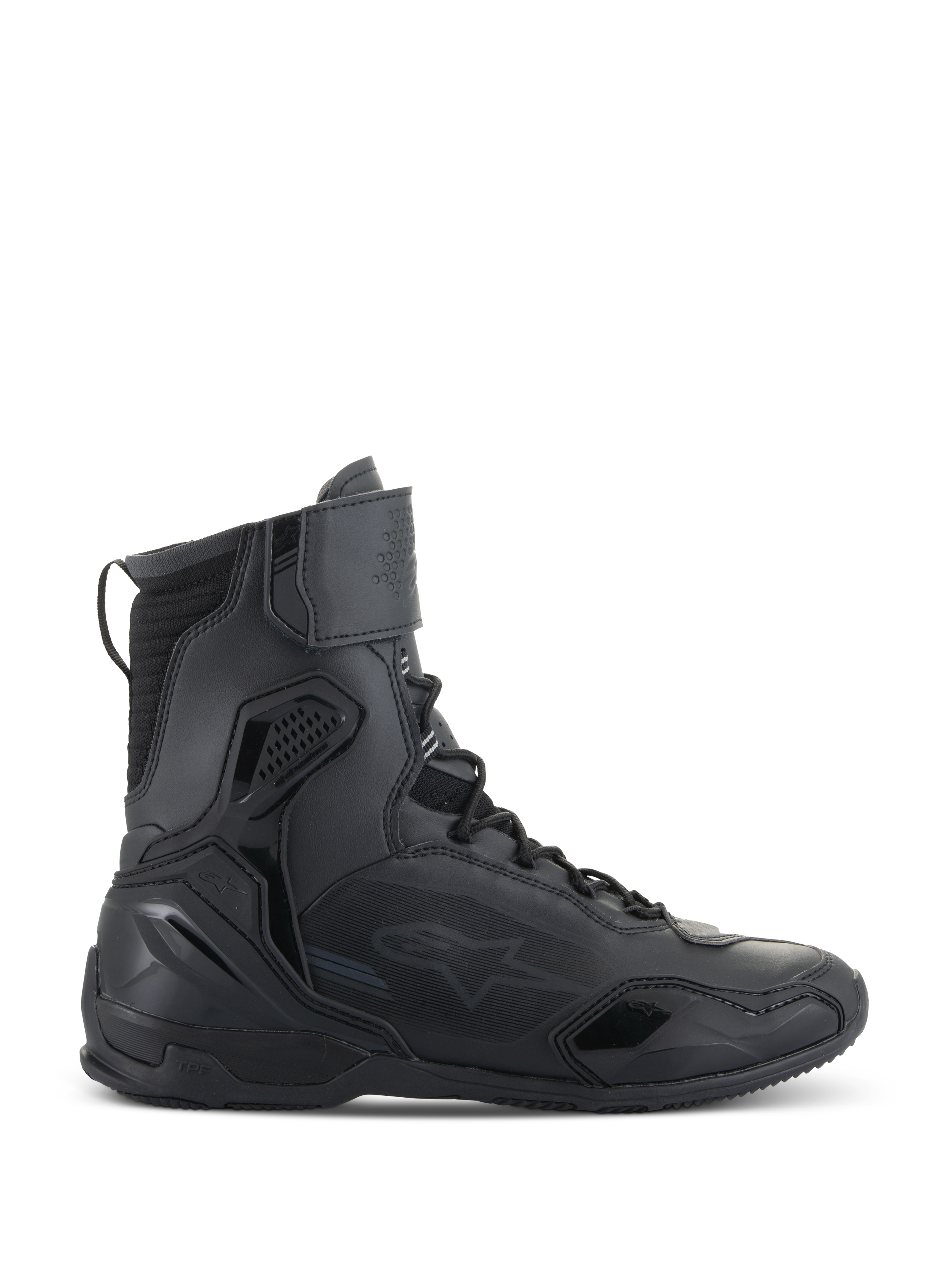 Alpinestars Superfaster Shoes, chaussures de moto, noir, vue de profil d'une chaussure technique montante avec protection intégrée, système de laçage rapide et sangle de cheville en velcro
