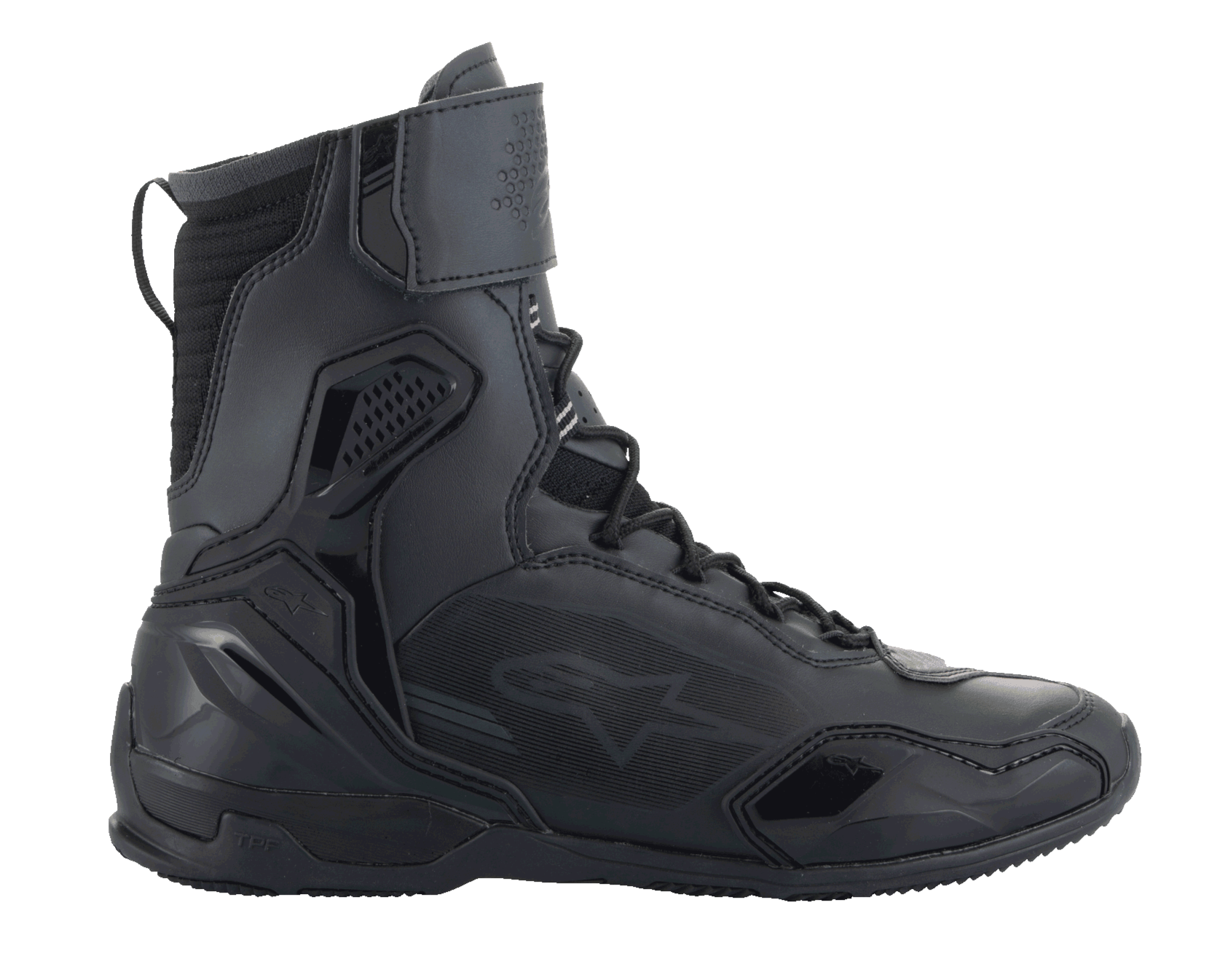 Chaussures Alpinestars Superfaster, chaussures de moto, noir, profil montant haut avec système de laçage rapide et sangle de cheville, dotées de panneaux en microfibre et Rideknit, contrefort de talon en TPU renforcé et protection des orteils, design athlétique élégant pour la route