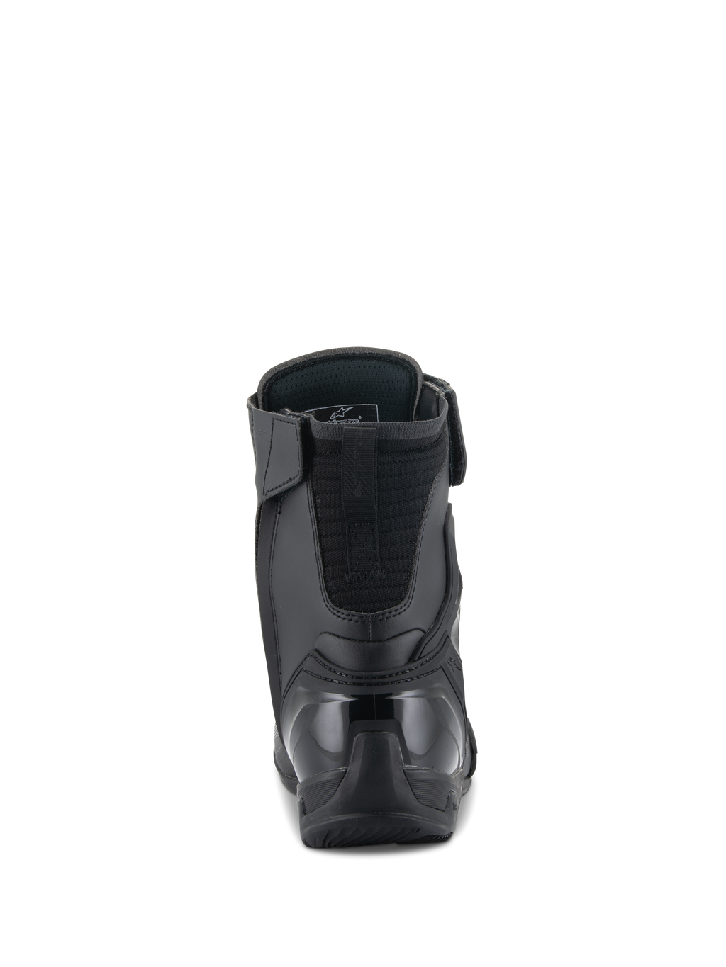Chaussures Alpinestars Superfaster, chaussures de moto, noir, vue arrière présentant un contrefort de talon en TPU renforcé et une extension d'Achille rembourrée, design montant élégant pour la protection en conduite sportive