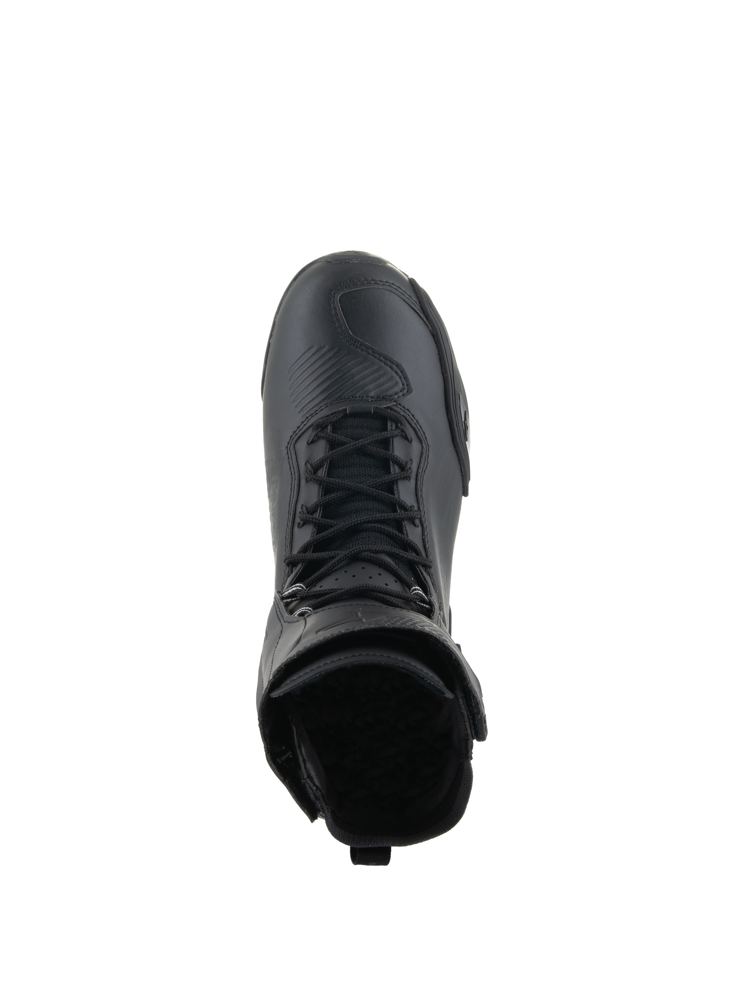 Chaussures Alpinestars Superfaster, chaussures de moto, noir sur noir, vue de dessus mettant en avant le système de laçage rapide et le col montant, design technique épuré avec zone des orteils renforcée.