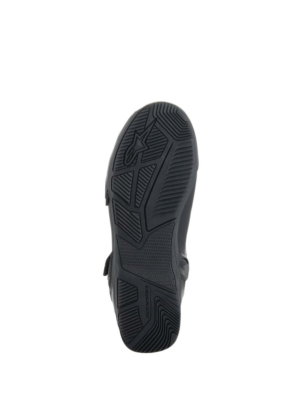 Chaussures Alpinestars Superfaster, noir, vue de dessous montrant la semelle en caoutchouc avec motifs de sculpture et adhérence technique, comportant le logo et le marquage Alpinestars, conçues pour la stabilité à moto