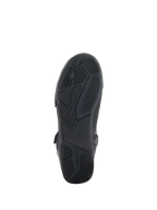 Chaussures Alpinestars Superfaster, noir, vue de dessous montrant la semelle en caoutchouc avec motifs de sculpture et adhérence technique, comportant le logo et le marquage Alpinestars, conçues pour la stabilité à moto