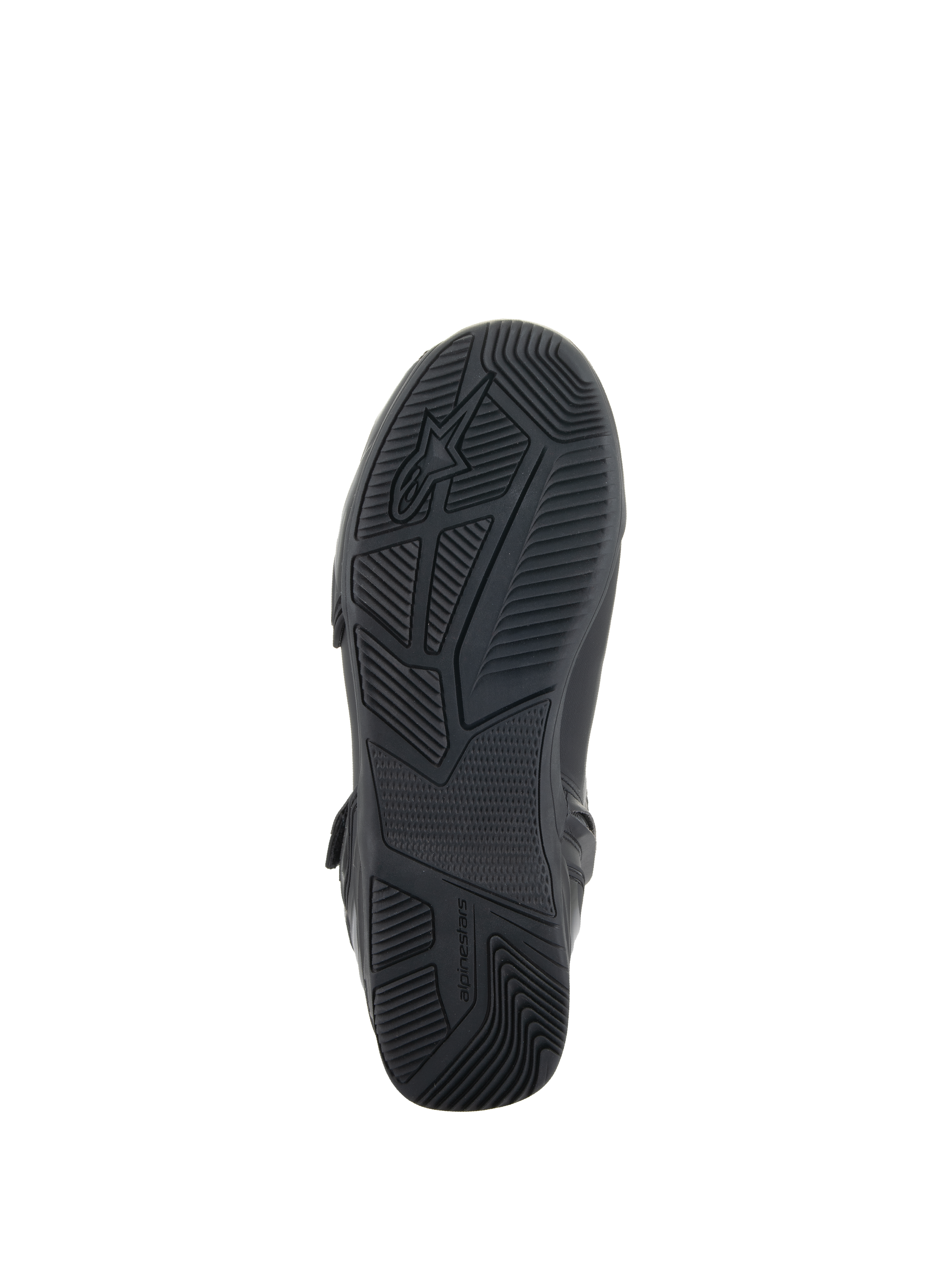 Chaussures Alpinestars Superfaster, noir, vue de dessous montrant la semelle en caoutchouc avec motifs de sculpture et adhérence technique, comportant le logo et le marquage Alpinestars, conçues pour la stabilité à moto