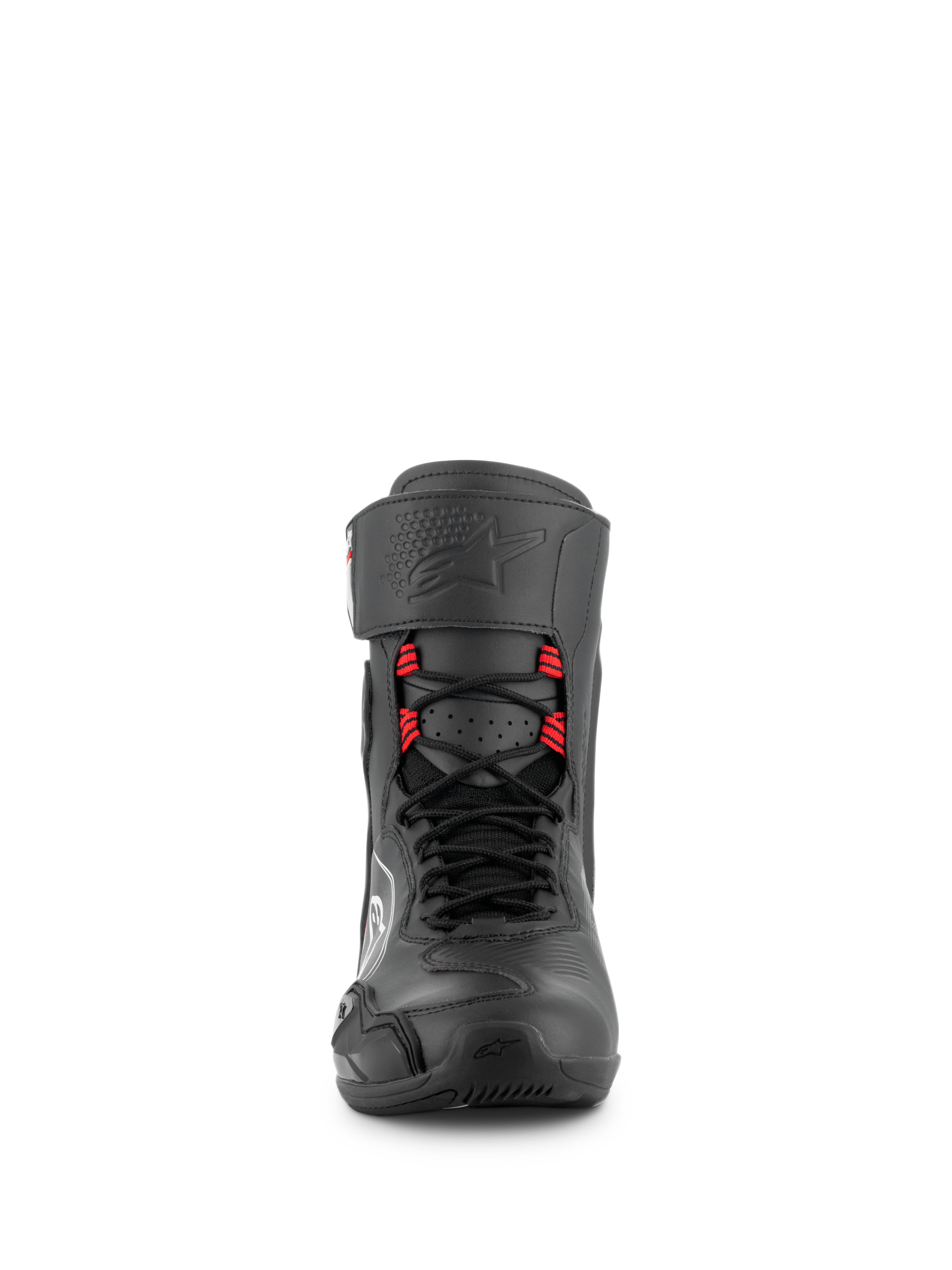 Alpinestars Superfaster Shoes, motorcycle riding shoes in Black Gray and Bright Red, front view showing speed laces with red loops, tall protective profile with ankle strap, reinforced toe, and technical design for road and sport performance